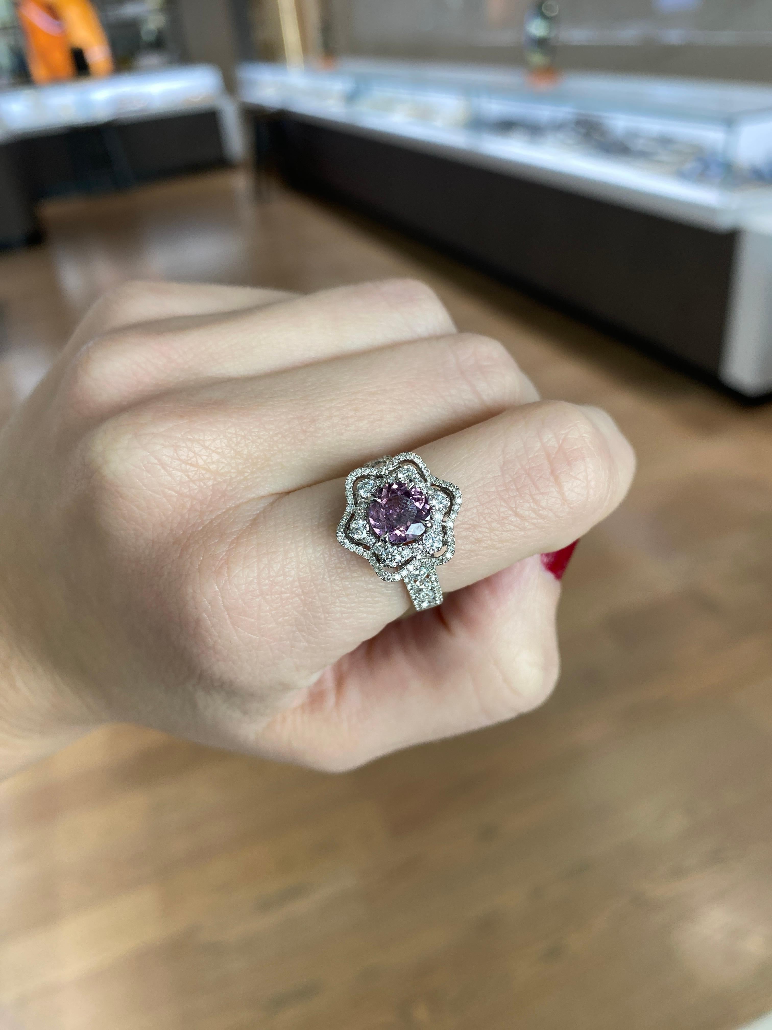 1.30 Carat Purple-Pink Sapphire and Diamond Floral Halo 18k White Gold Ring For Sale 5