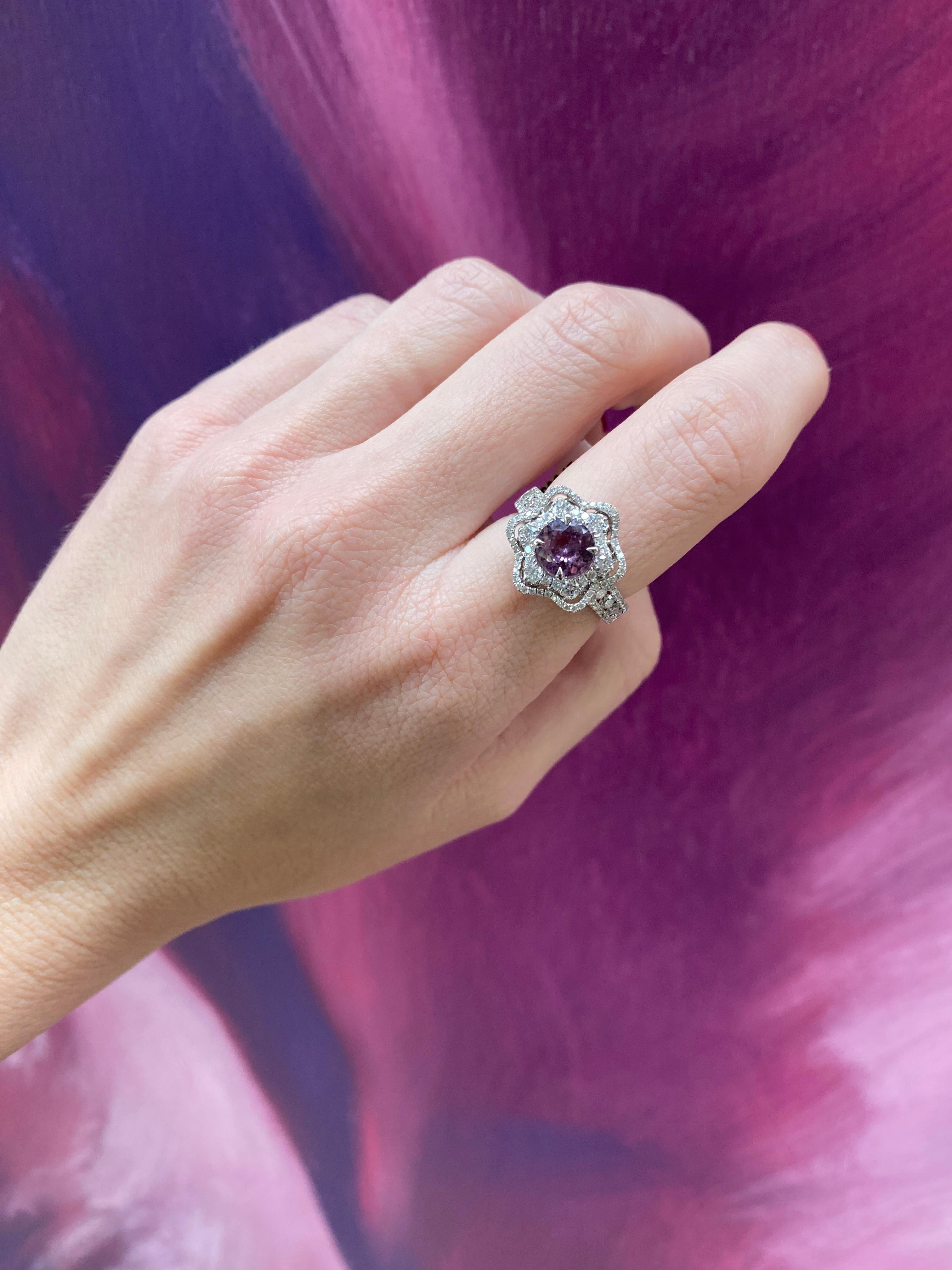 1.30 Carat Purple-Pink Sapphire and Diamond Floral Halo 18k White Gold Ring For Sale 10