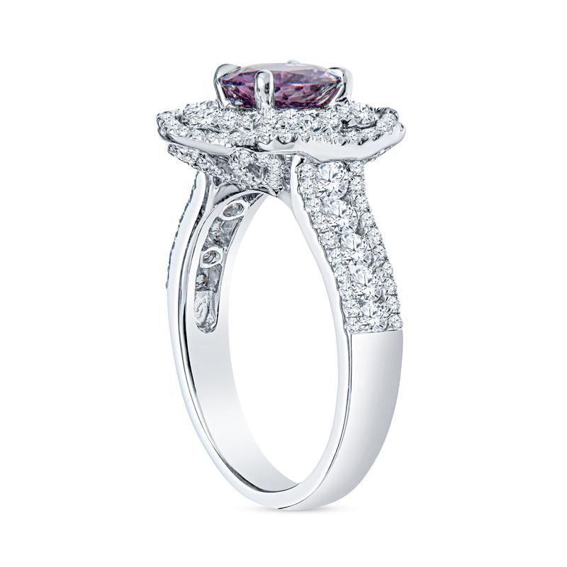Round Cut 1.30 Carat Purple-Pink Sapphire and Diamond Floral Halo 18k White Gold Ring For Sale