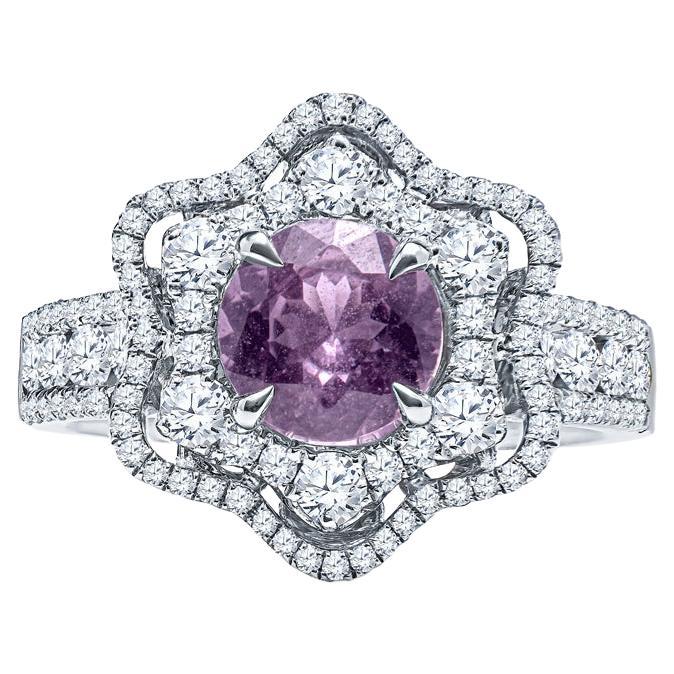 1.30 Carat Purple-Pink Sapphire and Diamond Floral Halo 18k White Gold Ring For Sale