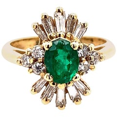 1.30 Carat Vintage Gold Ring Natural Oval Green Emerald and Diamond, circa 1980