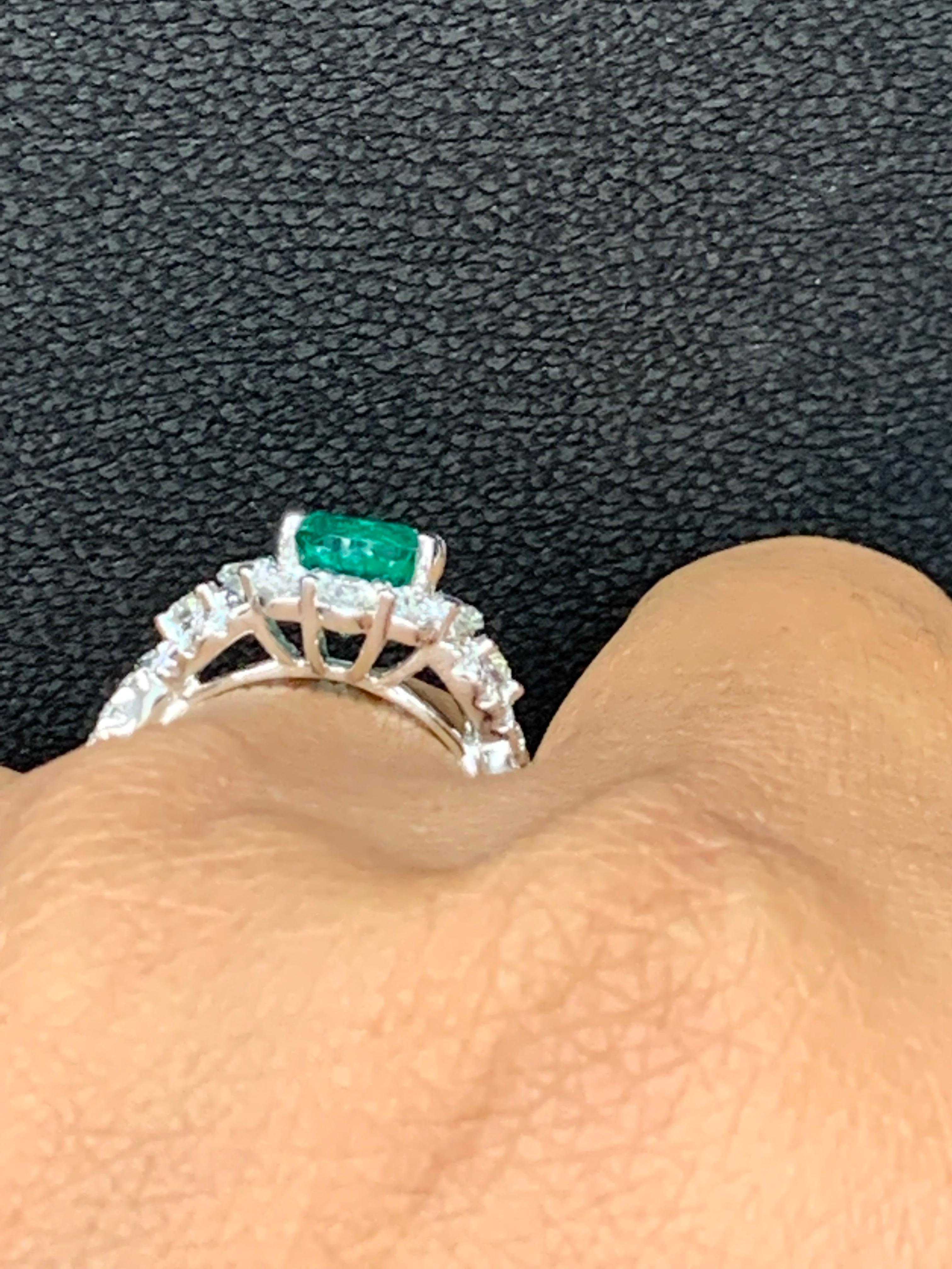 1.30 Carat Round Cut Emerald and Diamond Fashion Ring in 18k White Gold For Sale 8