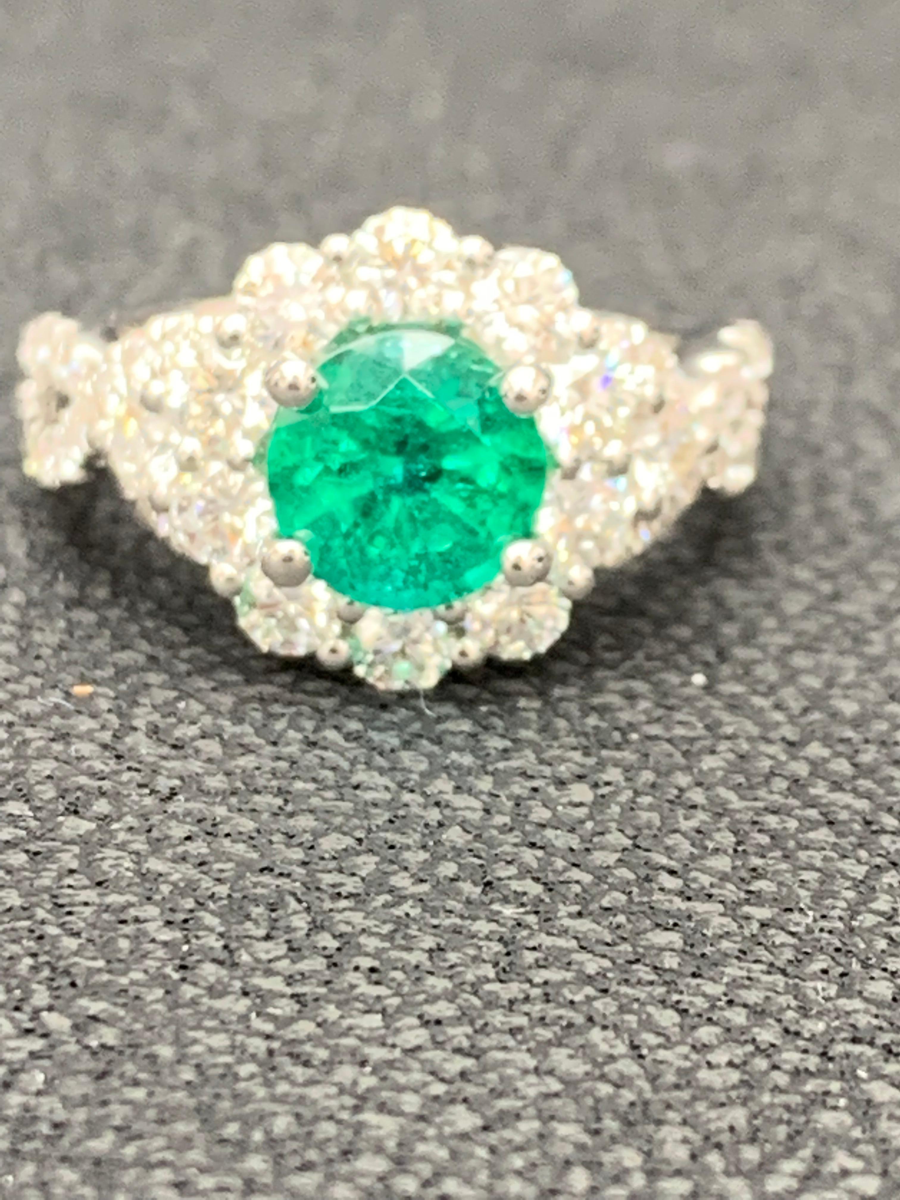 Women's 1.30 Carat Round Cut Emerald and Diamond Fashion Ring in 18k White Gold For Sale
