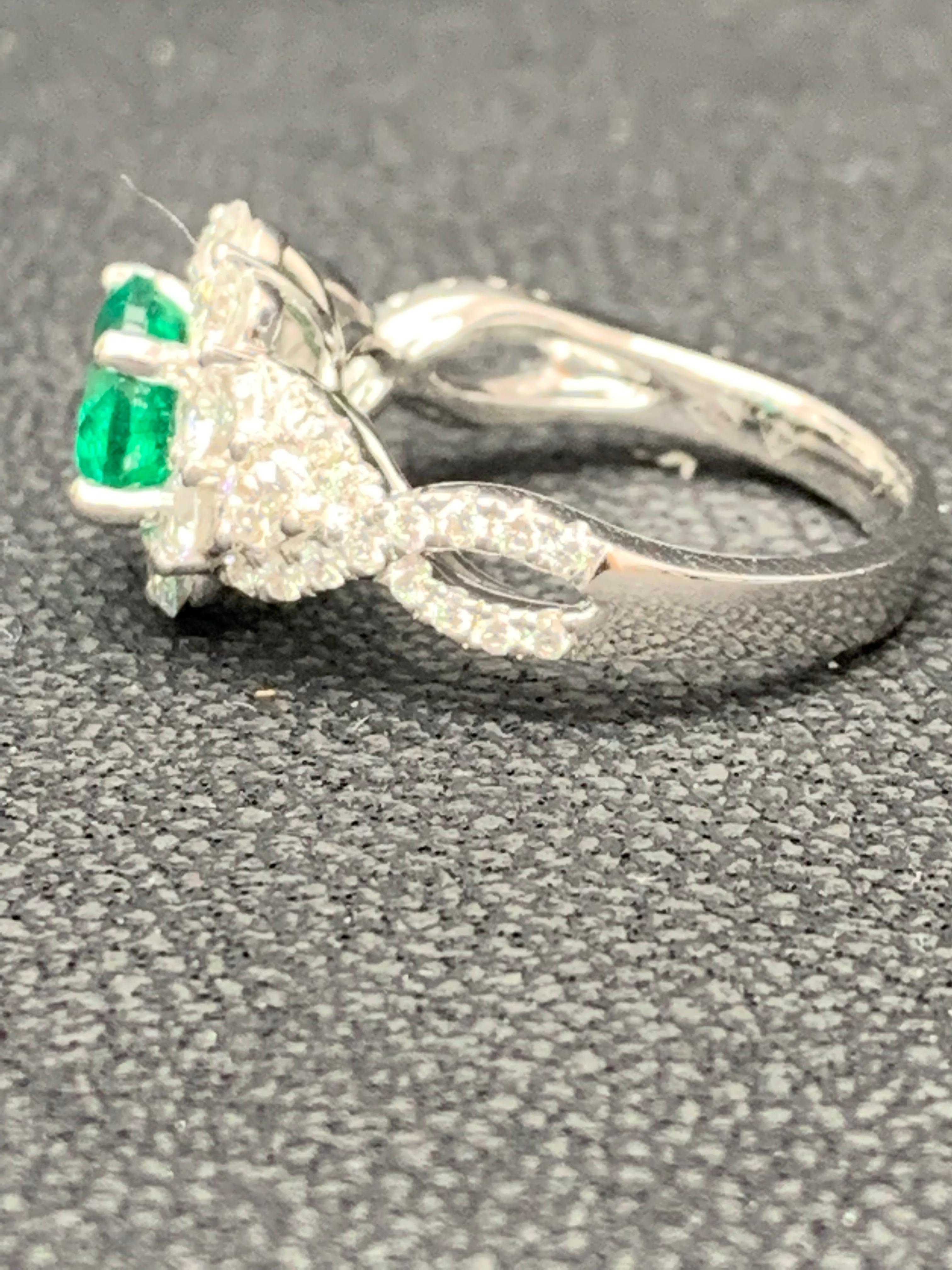 1.30 Carat Round Cut Emerald and Diamond Fashion Ring in 18k White Gold For Sale 1