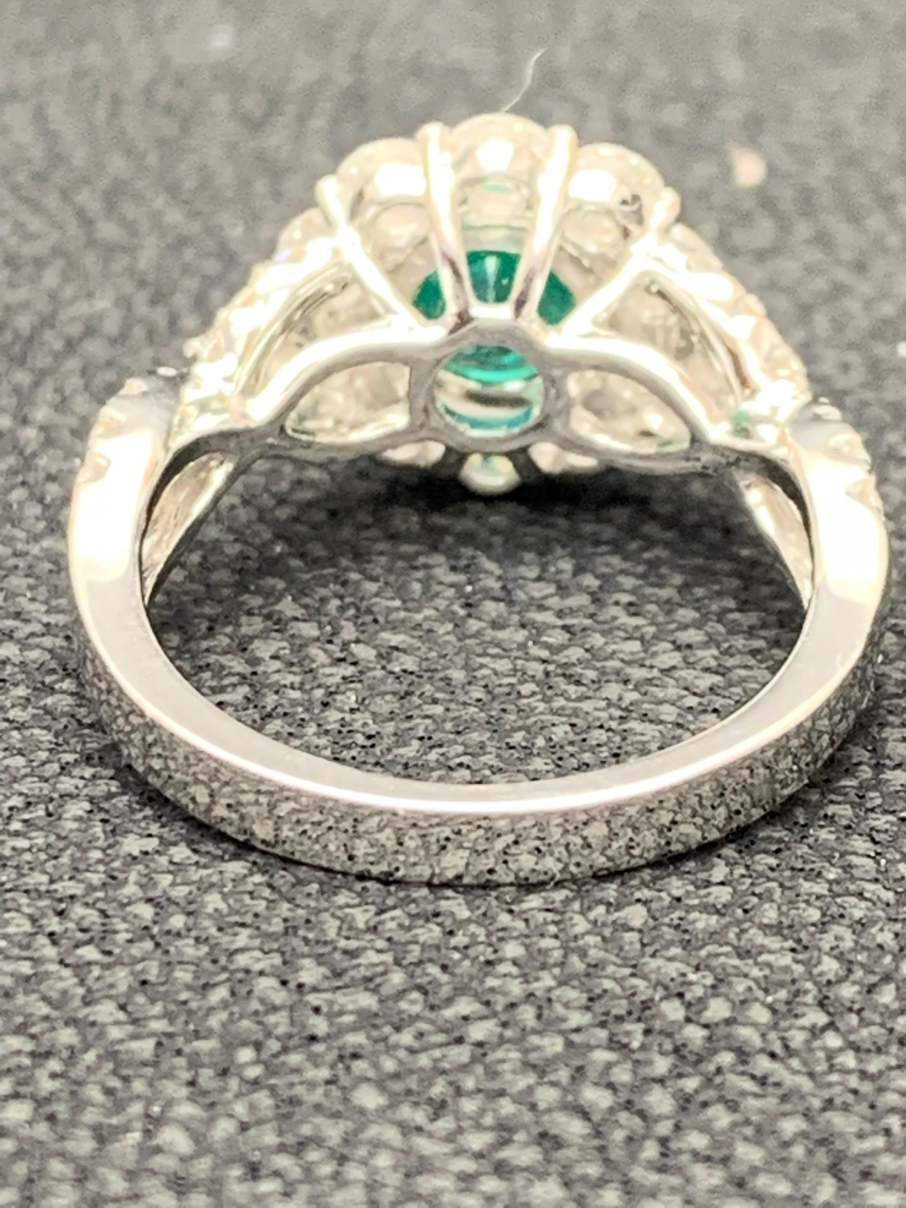 1.30 Carat Round Cut Emerald and Diamond Fashion Ring in 18k White Gold For Sale 2