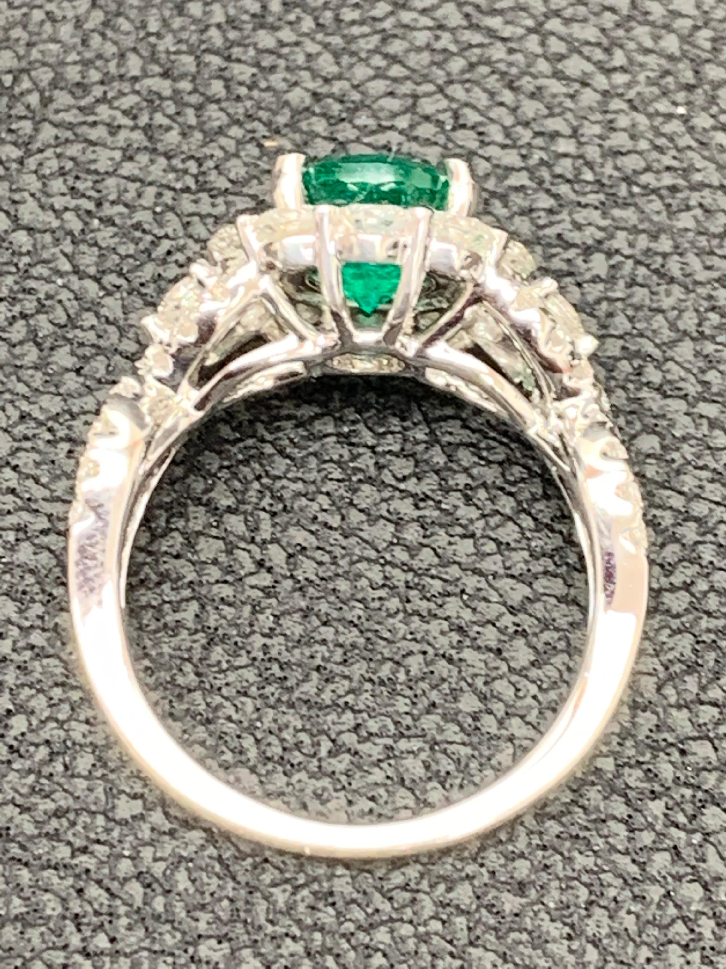 1.30 Carat Round Cut Emerald and Diamond Fashion Ring in 18k White Gold For Sale 3