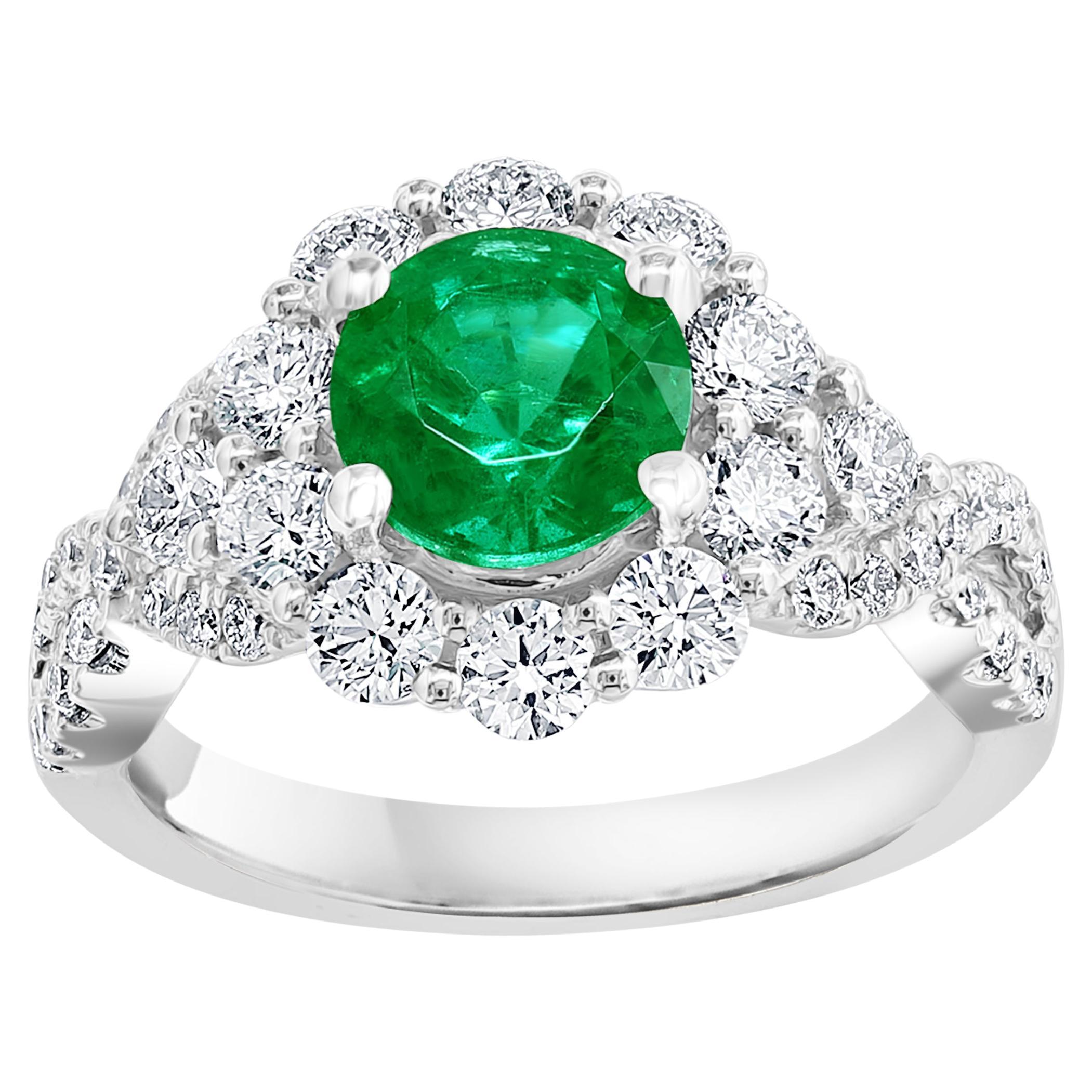 1.30 Carat Round Cut Emerald and Diamond Fashion Ring in 18k White Gold For Sale