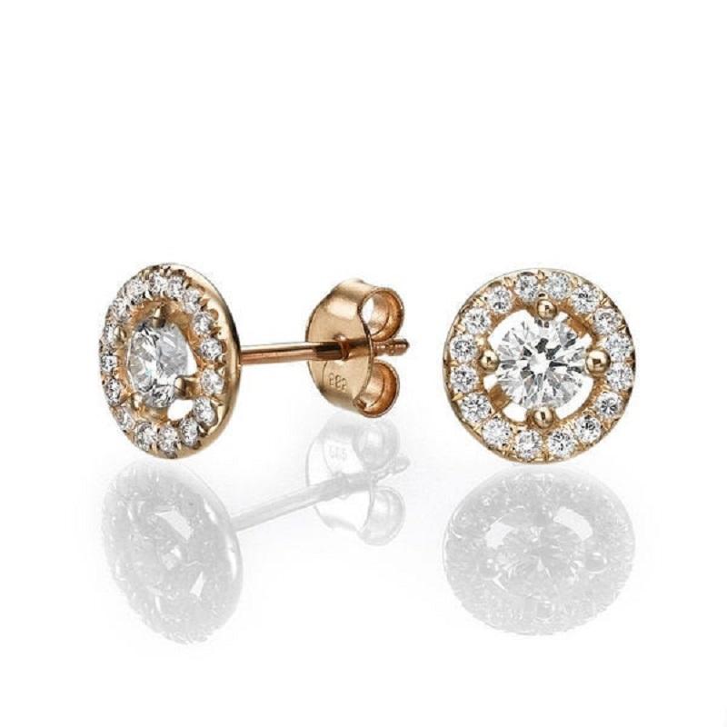 Art Deco 1.30 Carat Round Diamond Halo Earrings, Yellow Gold Diamond Halo Earrings
