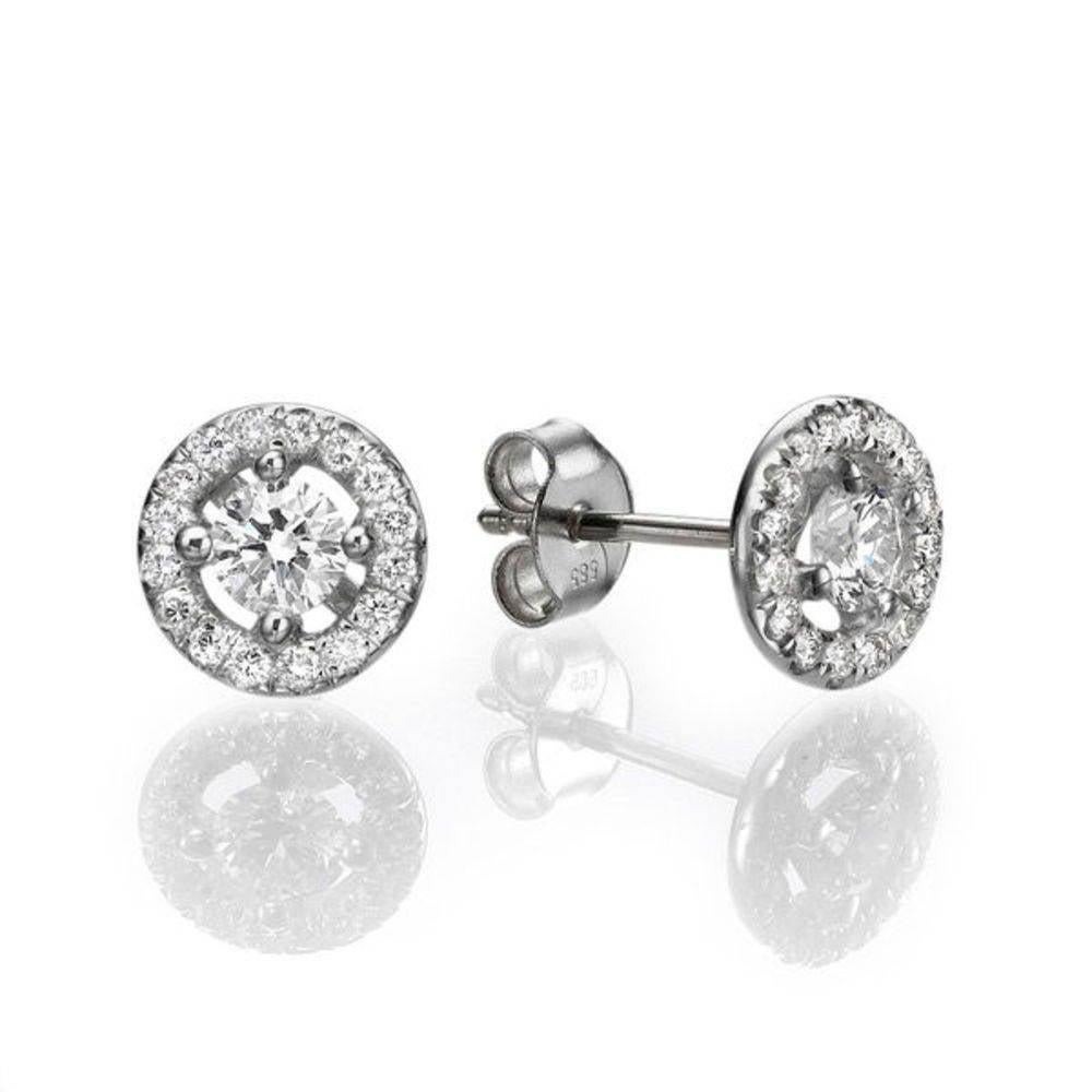 Round Cut 1.30 Carat Round Diamond Halo Earrings, Yellow Gold Diamond Halo Earrings