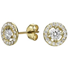 1.30 Carat Round Diamond Halo Earrings, Yellow Gold Diamond Halo Earrings