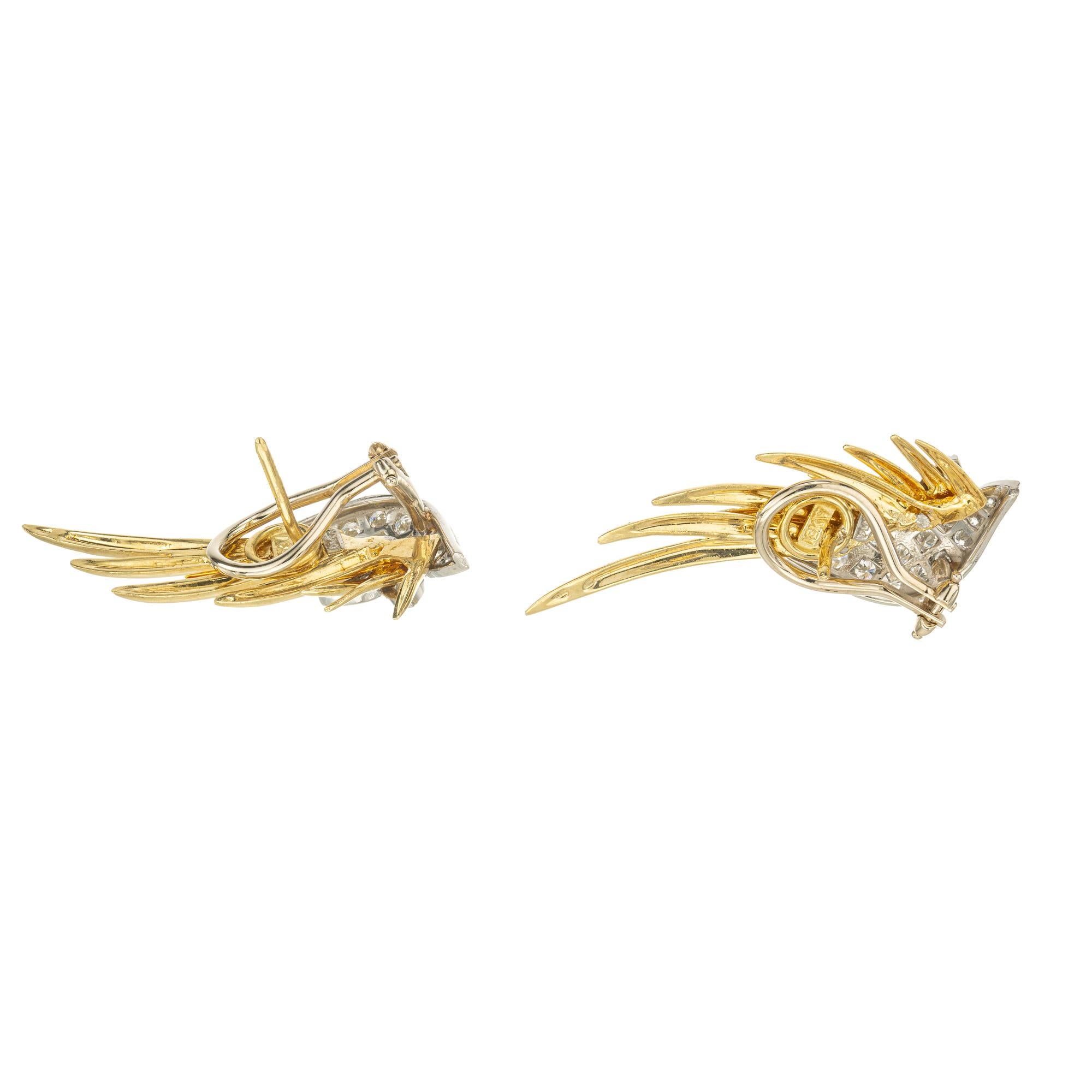 Round Cut 1.30 Carat Round Diamond Platinum Yellow Gold Lever Back Wing Earrings For Sale