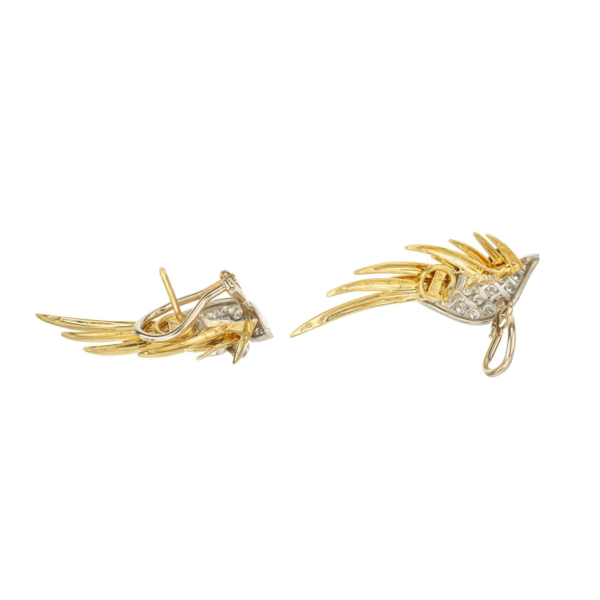 1.30 Carat Round Diamond Platinum Yellow Gold Lever Back Wing Earrings In Good Condition For Sale In Stamford, CT