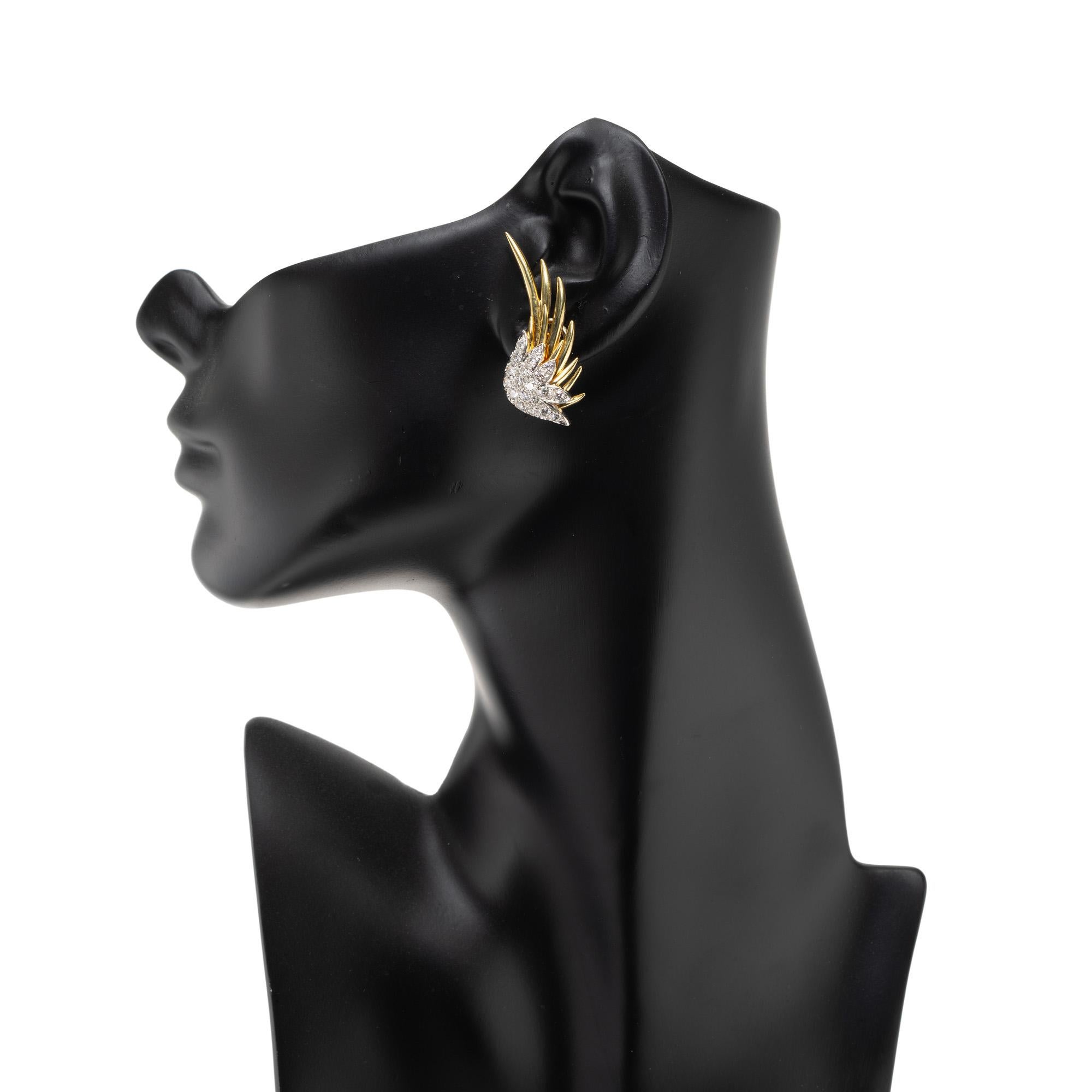 1.30 Carat Round Diamond Platinum Yellow Gold Lever Back Wing Earrings For Sale 1