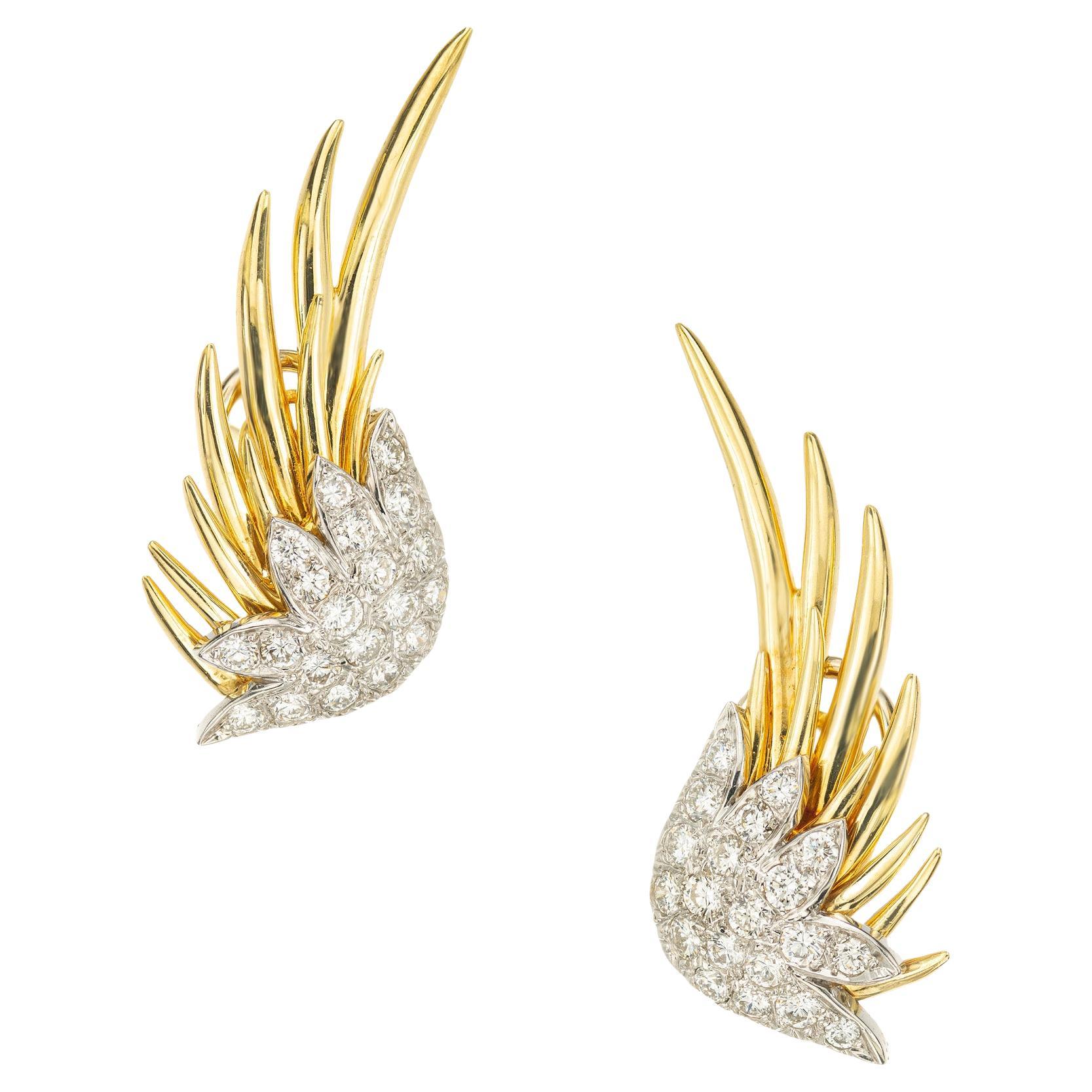 1.30 Carat Round Diamond Platinum Yellow Gold Lever Back Wing Earrings For Sale
