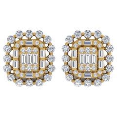 Clous d'oreilles en or jaune 18 carats avec diamants ronds de 1,30 carat, fabrication artisanale
