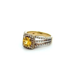 1.30 Carat Round Yellow Sapphire and 3 Row RBC Diamond Gold Vintage Ring