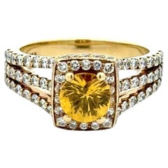 1.30 Carat Round Yellow Sapphire and 3 Row RBC Diamond Gold Vintage Ring 1.30 Carat Round Yellow Sapphire and 3 Row RBC Diamond Gold Vintage Ring