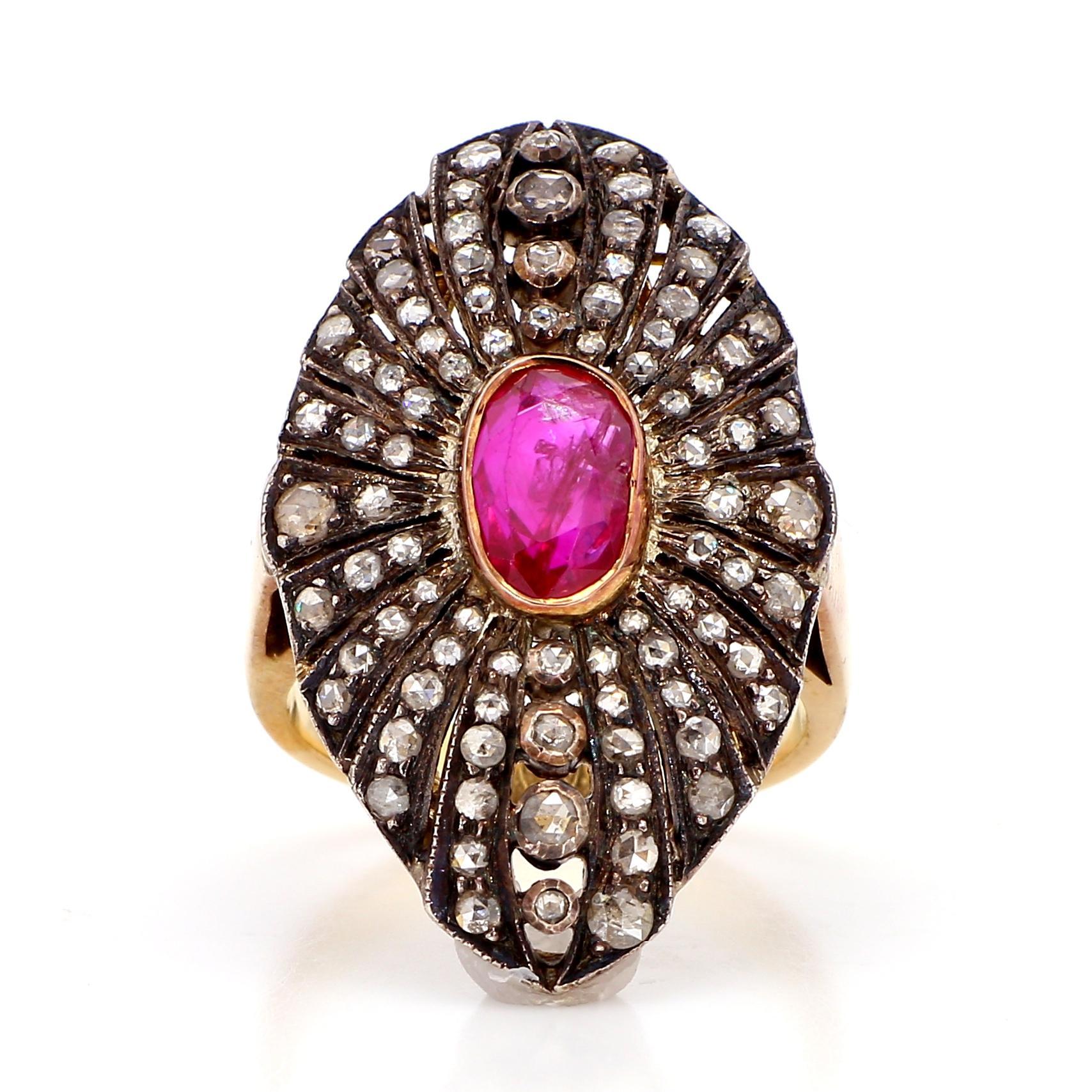 Introducing our exquisite Ruby Ring, a symbol of timeless elegance and sophistication. This stunning piece features the fiery allure of a 1.30-carat ruby, accented by 2.10 carats of diamonds, all set in a lustrous 18K gold band weighing 10.80 grams.