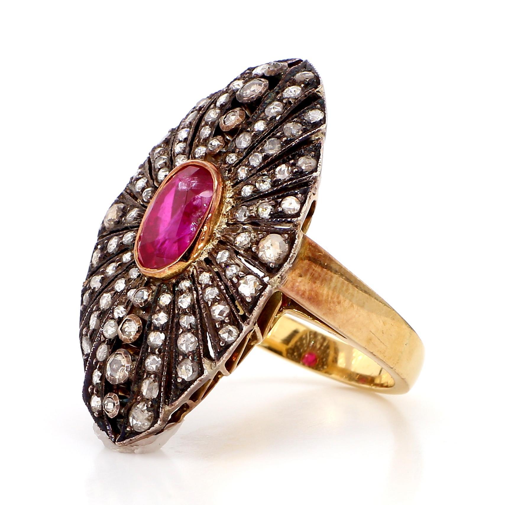 Oval Cut 1.30 Carat Ruby and 2.10  Diamond 18K Gold Ring For Sale