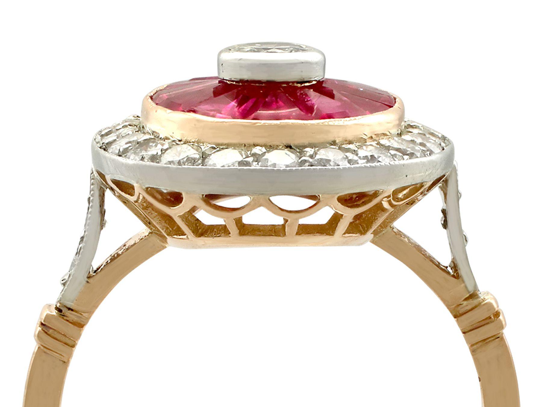 An impressive vintage French 1.30 carat ruby and 0.90 carat diamond, 18 karat yellow and white gold dress ring; part of our diverse vintage jewelry and estate jewelry collections.

This fine and impressive French ruby and diamond ring has been