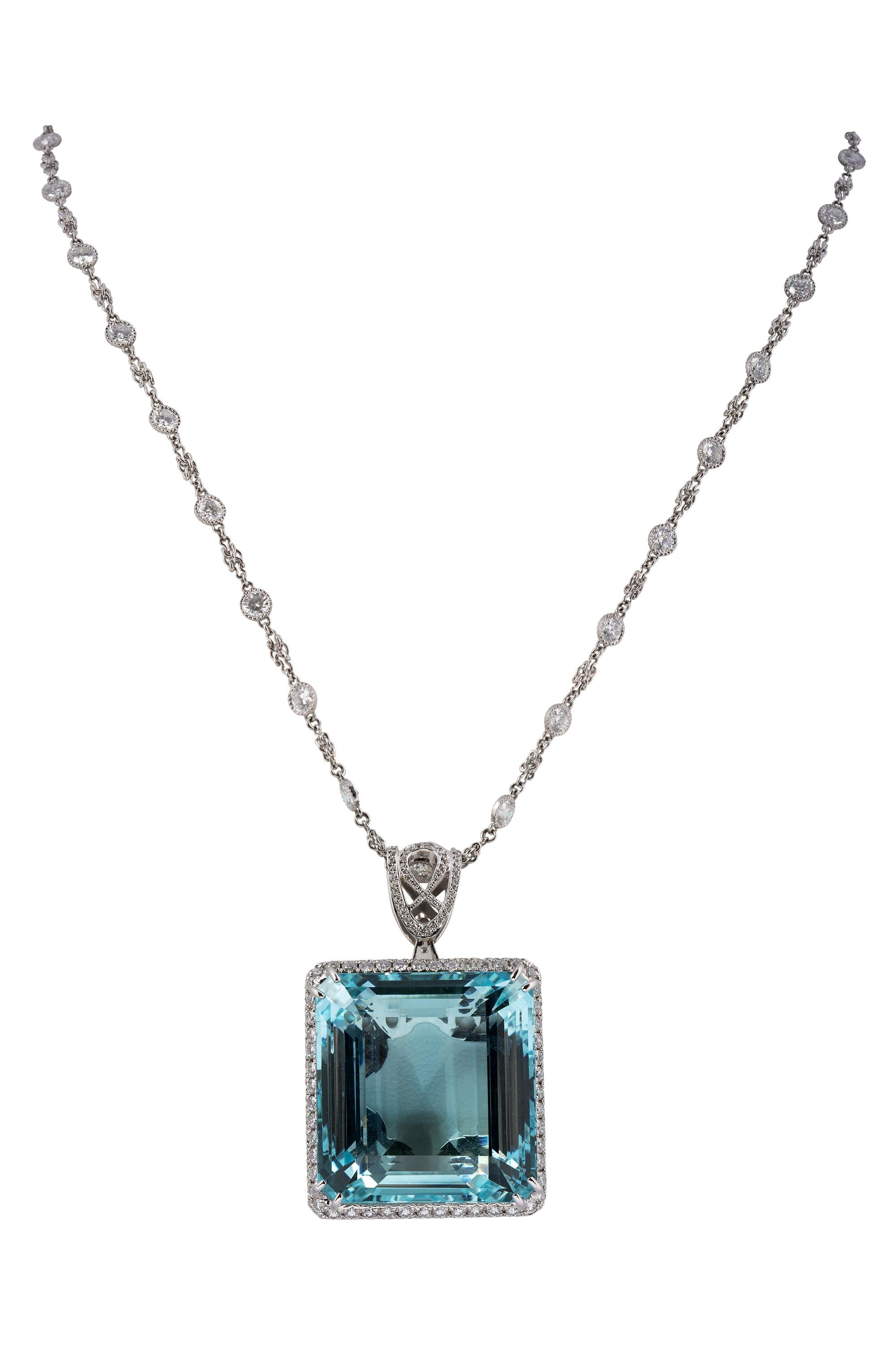 Brilliant Cut 130 Carat Santa Maria Aquamarine and Diamond Pendant For Sale