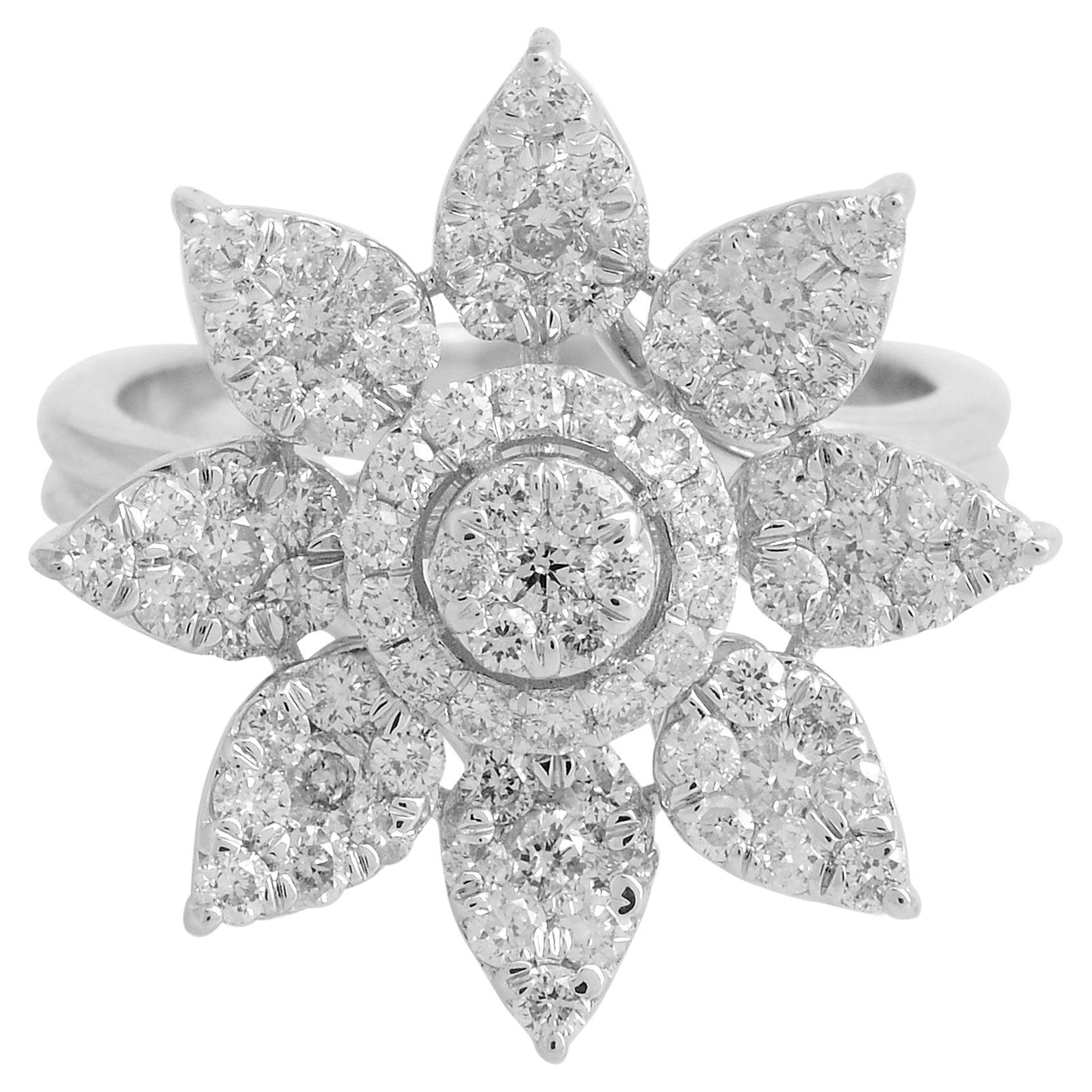 1.30 Carat Si Clarity Hi Color Diamond Flower Ring 18 Karat White Gold Jewelry