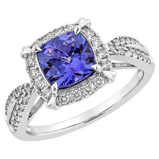 Bague fantaisie en or blanc 18 carats avec tanzanite de 1,30 carat et diamant.