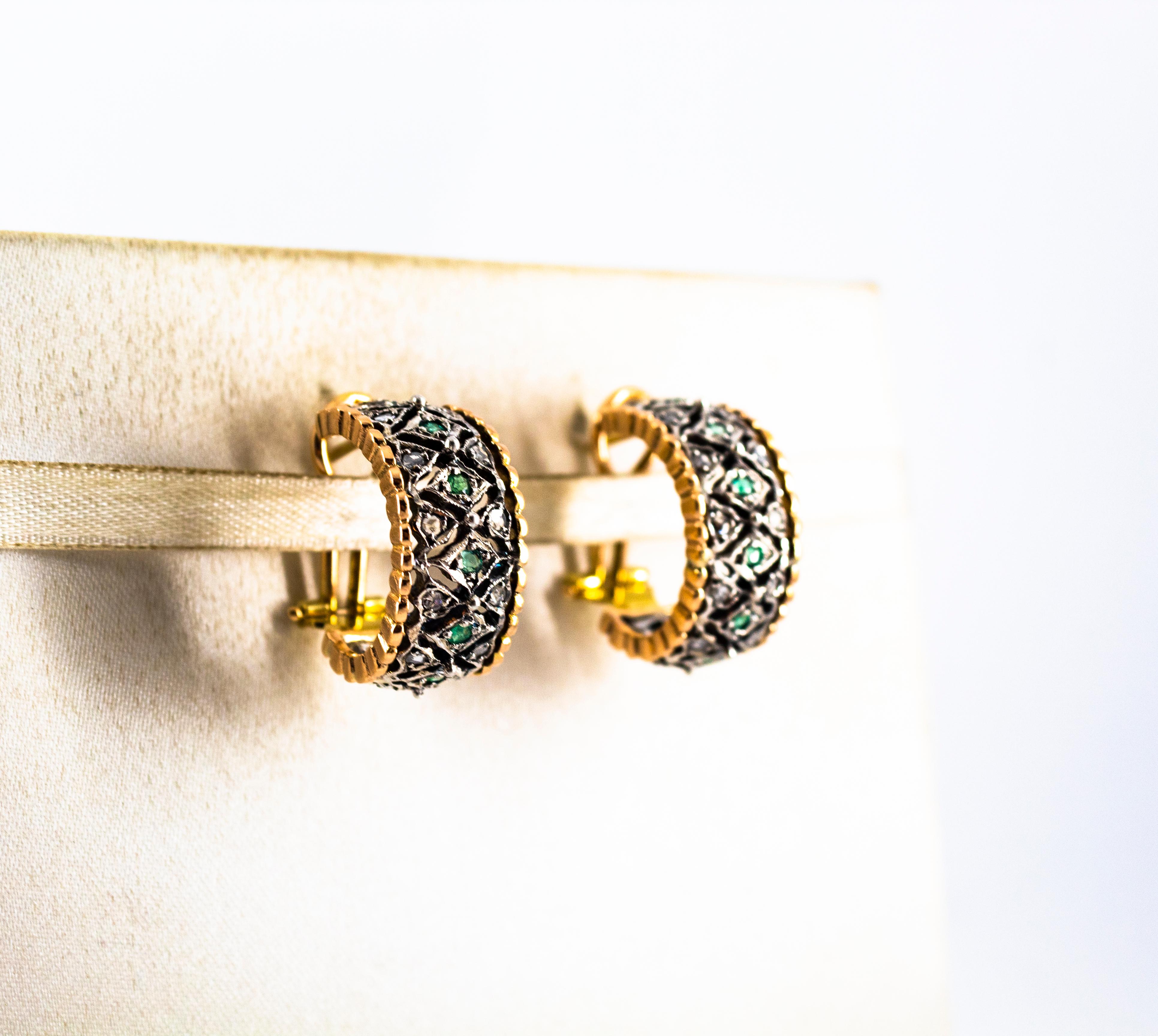 Renaissance 1.30 Carat White Rose Cut Diamond Emerald Yellow Gold Dangle Clip-On Earrings