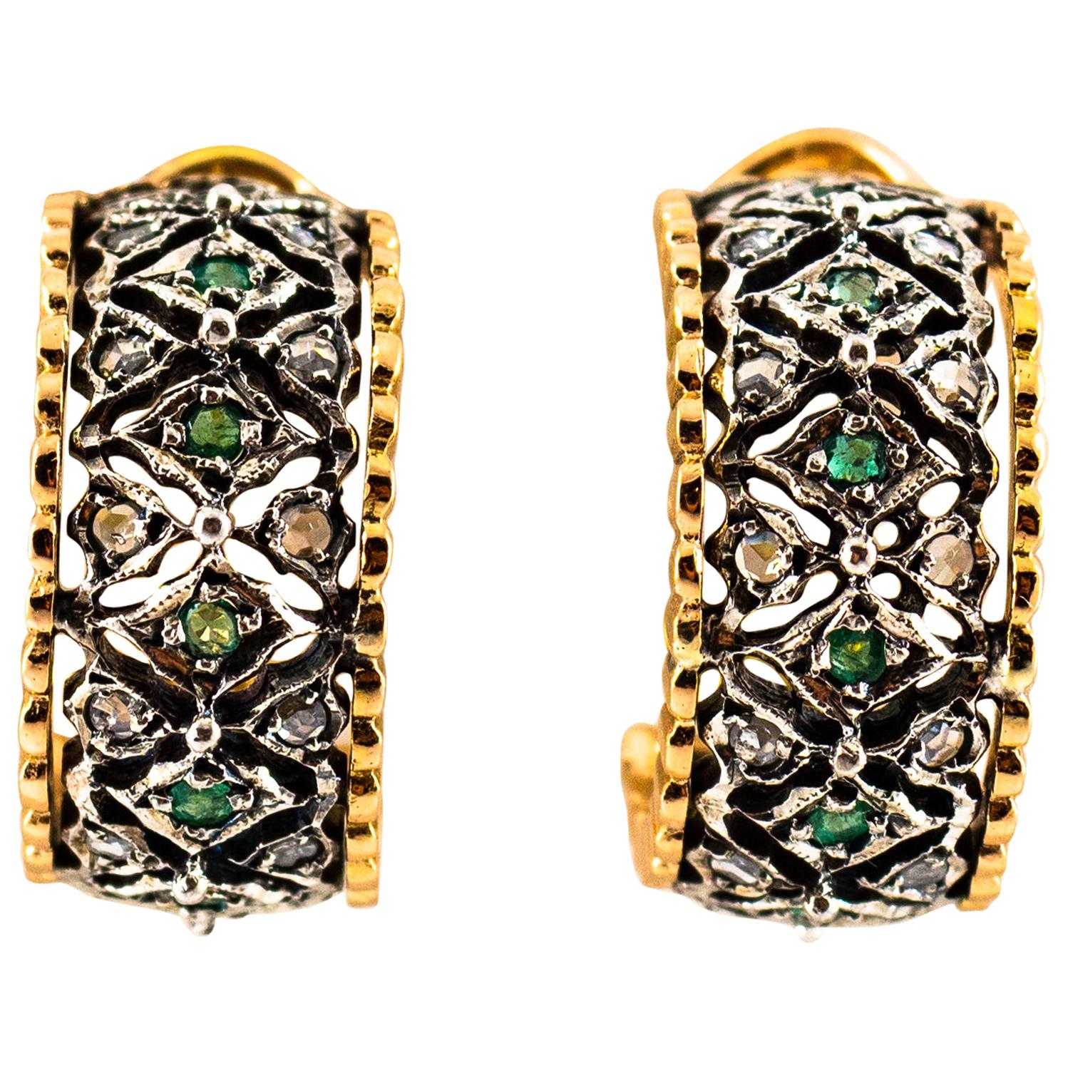 1.30 Carat White Rose Cut Diamond Emerald Yellow Gold Dangle Clip-On Earrings