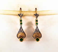 1.30 Carat White Rose Cut Diamond Emerald Yellow Gold Lever-Back Drop Earrings