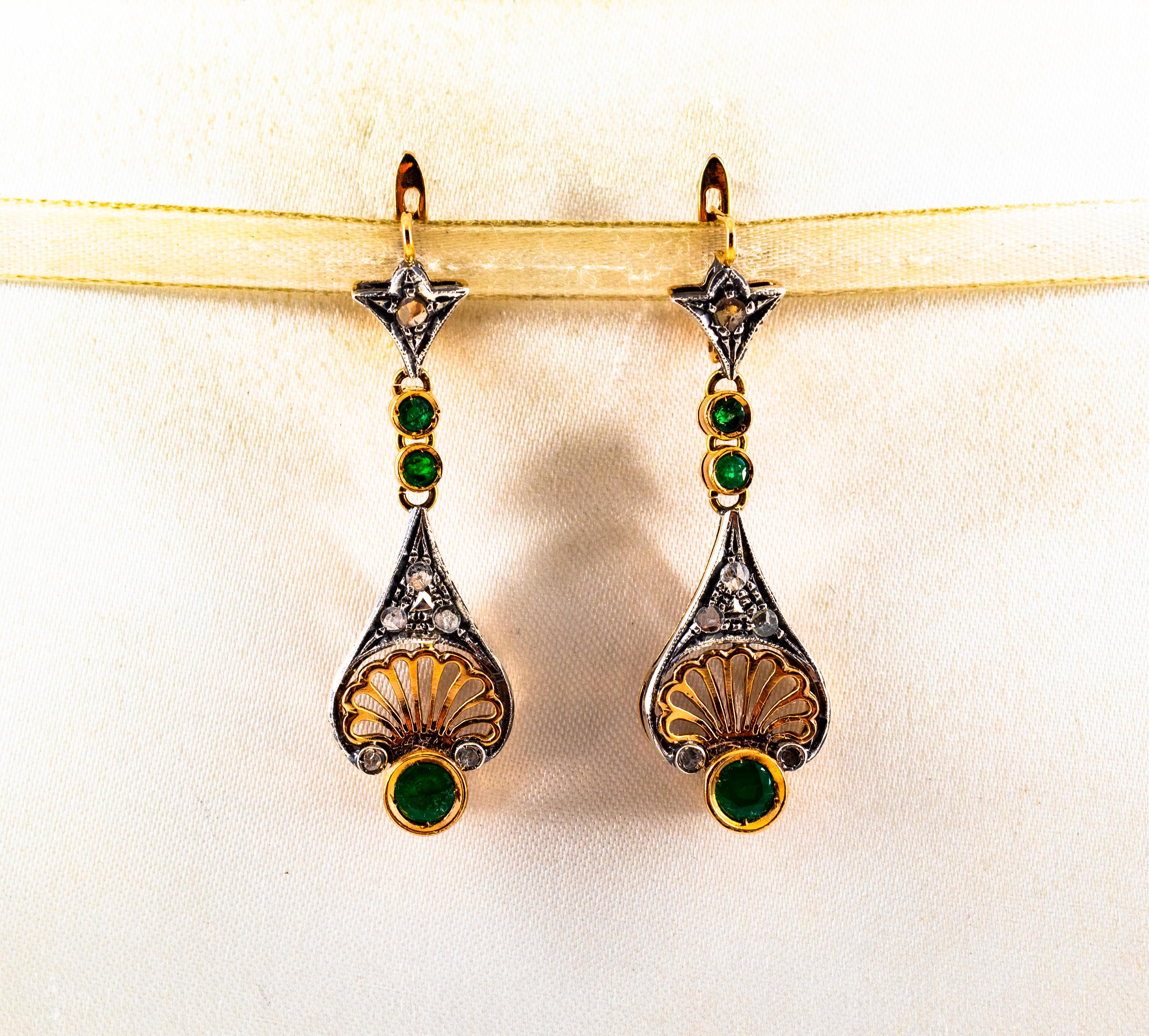 These Lever-Back Earrings are made of 9K Yellow Gold and Sterling Silver.
These Earrings have 0.30 Carats of White Rose Cut Diamonds.
These Earrings have also 1.00 Carat of Emeralds.
These Earrings are available also with Rubies or Blue