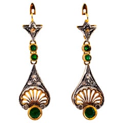 1.30 Carat White Rose Cut Diamond Emerald Yellow Gold Lever-Back Drop Earrings