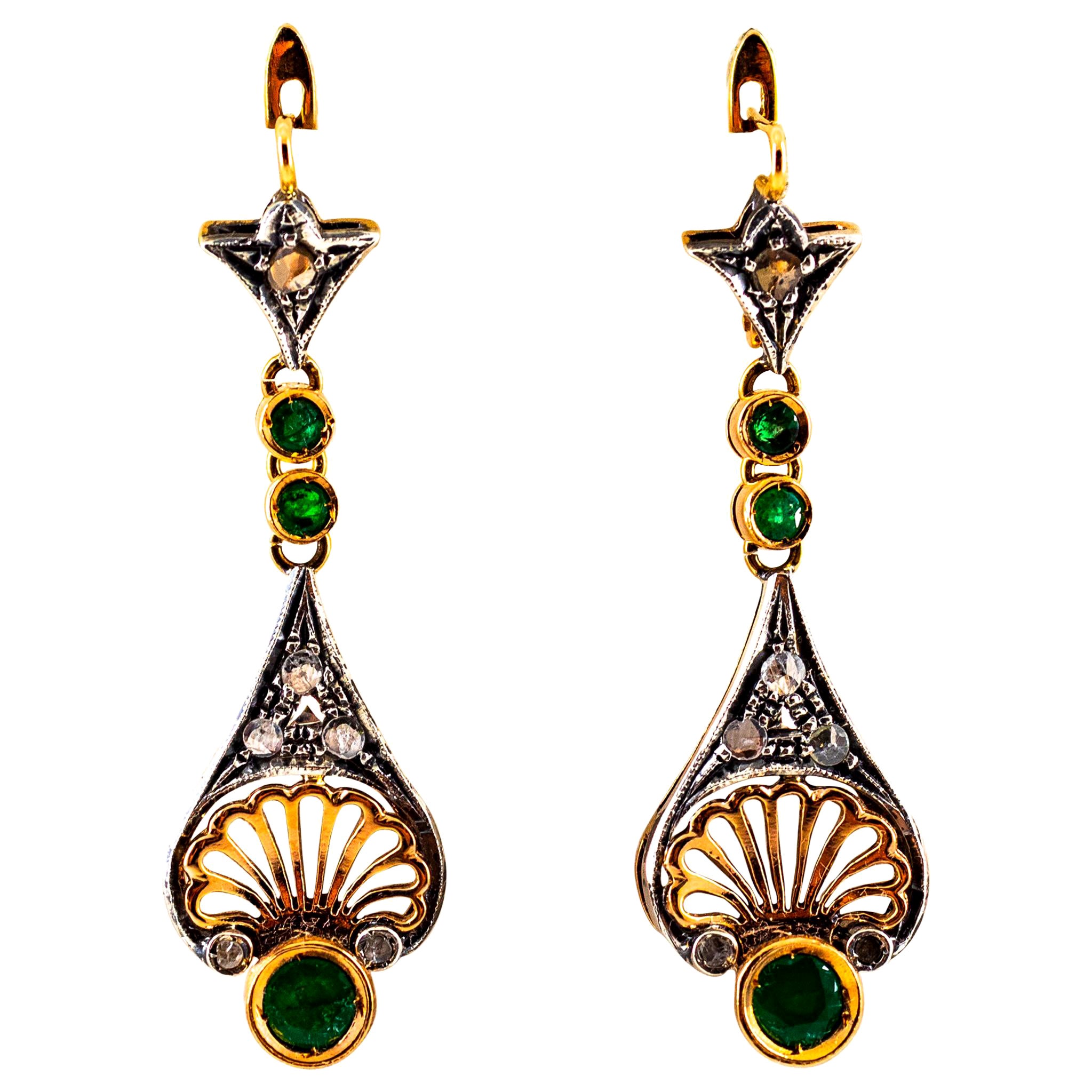1.30 Carat White Rose Cut Diamond Emerald Yellow Gold Lever-Back Drop Earrings