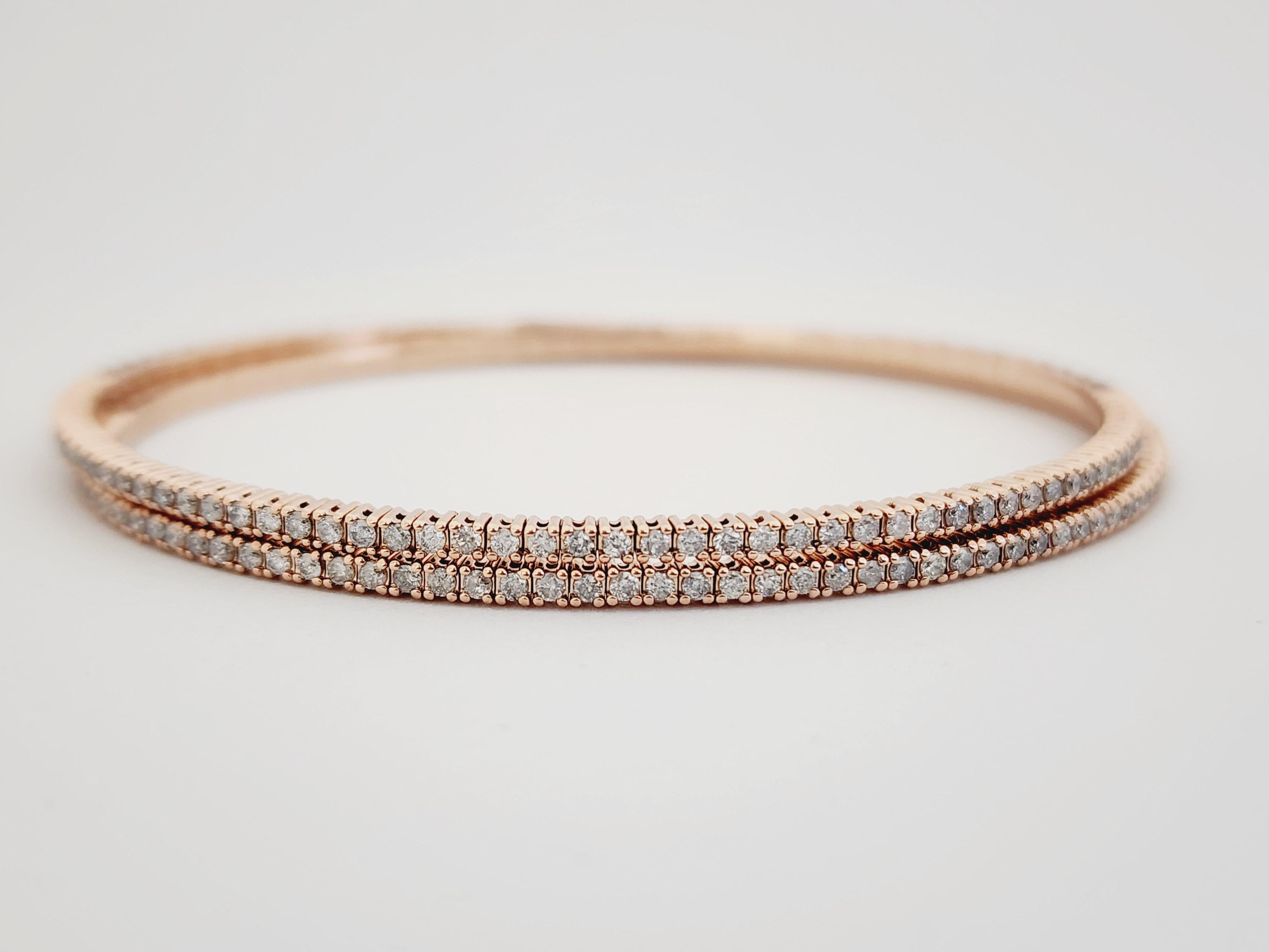 Natural Diamond 1.30 Carats Double Row Flexible Bracelet Bangle Rose Gold 14 Karat, Push Lock, Color H, Clarity I,  7 Inch Length.
Half way around.