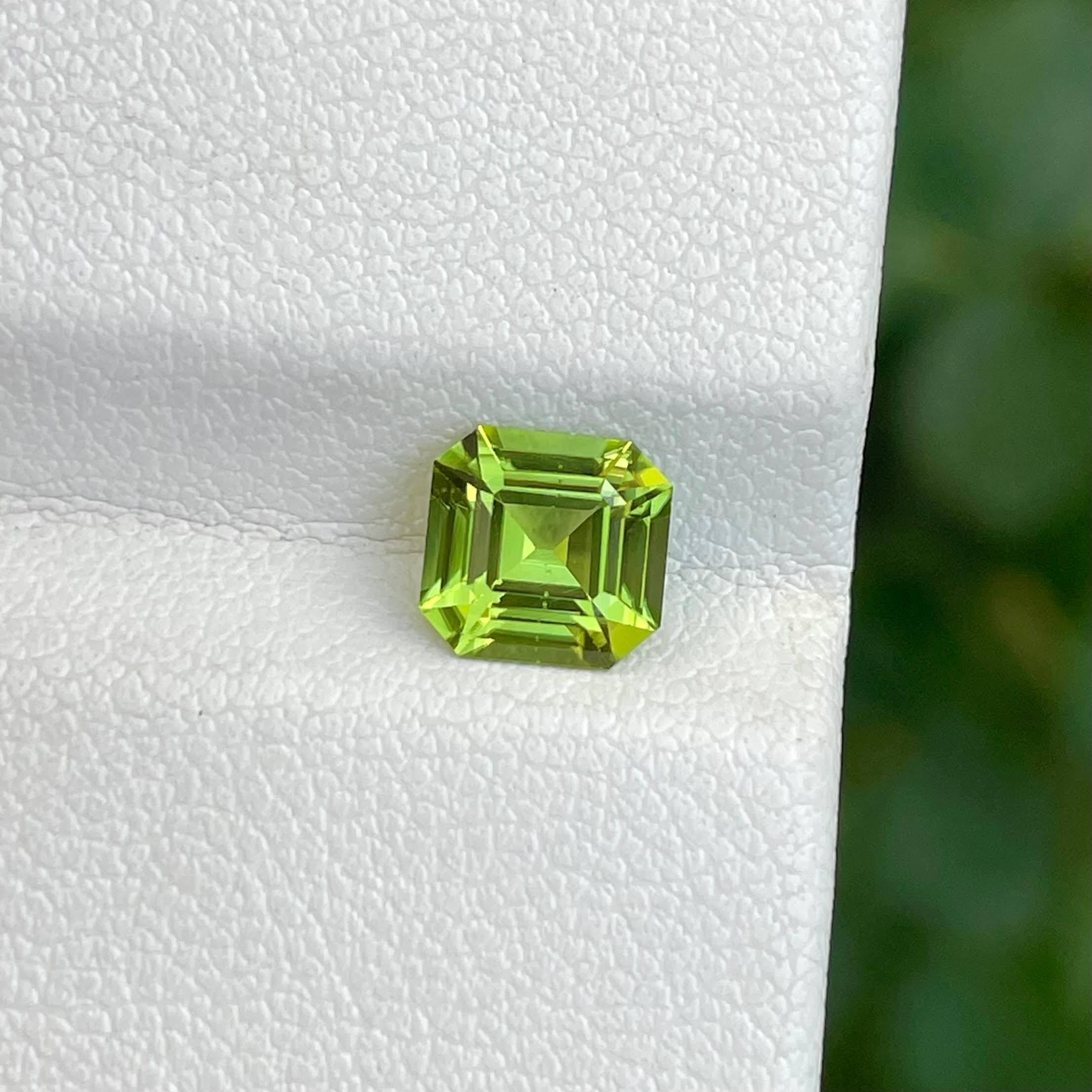 Weight 1.30 carats 
Dimensions 6.60x6.45x4.12 mm
Treatment none 
Origin Pakistan 
Clarity VVS
Shape Octagon 
Cut Asscher 




Behold the mesmerizing beauty of a 1.30 carat Green Peridot Stone, expertly crafted into an Asscher cut, showcasing the