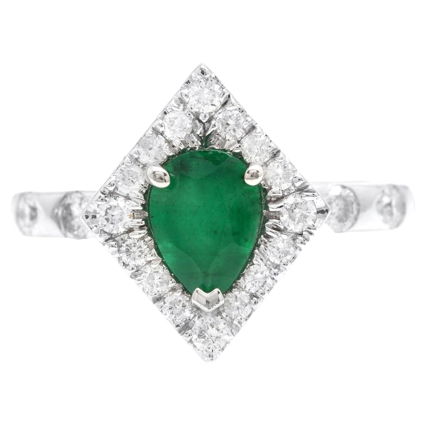 1.30 Carats Natural Emerald and Diamond 14k Solid White Gold Ring