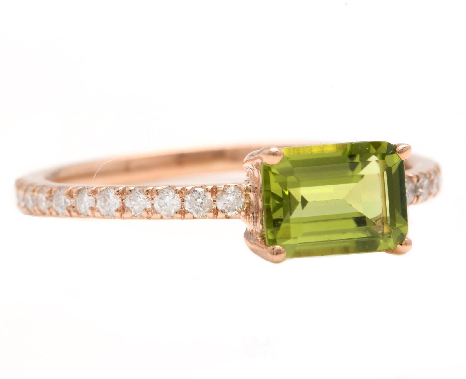 1.30 Carats Natural Peridot and Diamond 14K Solid Rose Gold Ring

Suggested Replacement Value: Approx. $1,300.00

Total Natural Peridot Weight is: Approx. 1.00 Carats

Peridot Measures: Approx. 7.00 x 5.00mm

Natural Round Diamonds Weight: Approx.