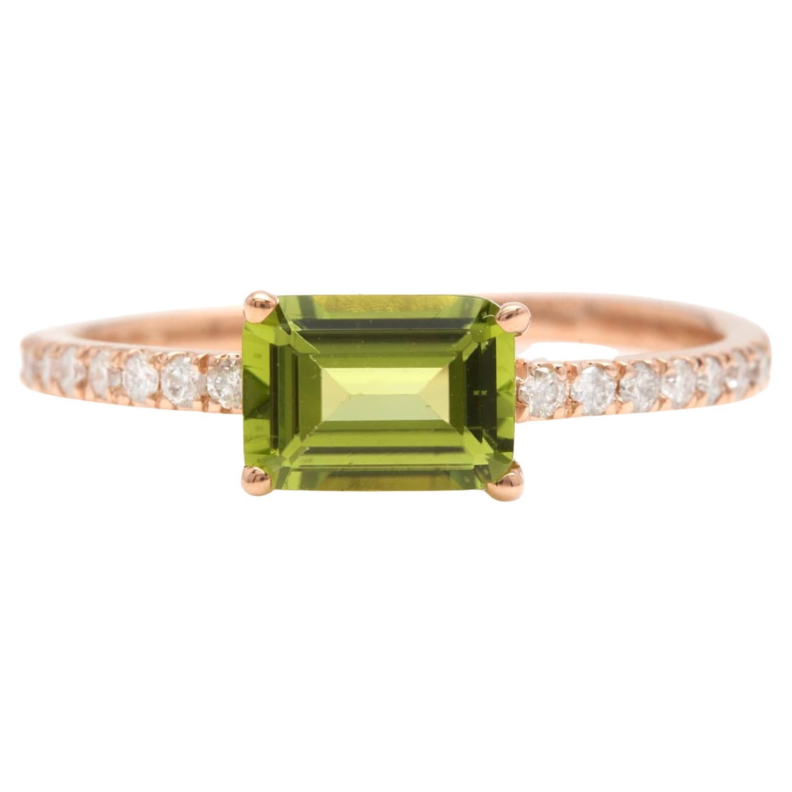 1.30 Carats Natural Peridot and Diamond 14K Solid Rose Gold Ring For Sale