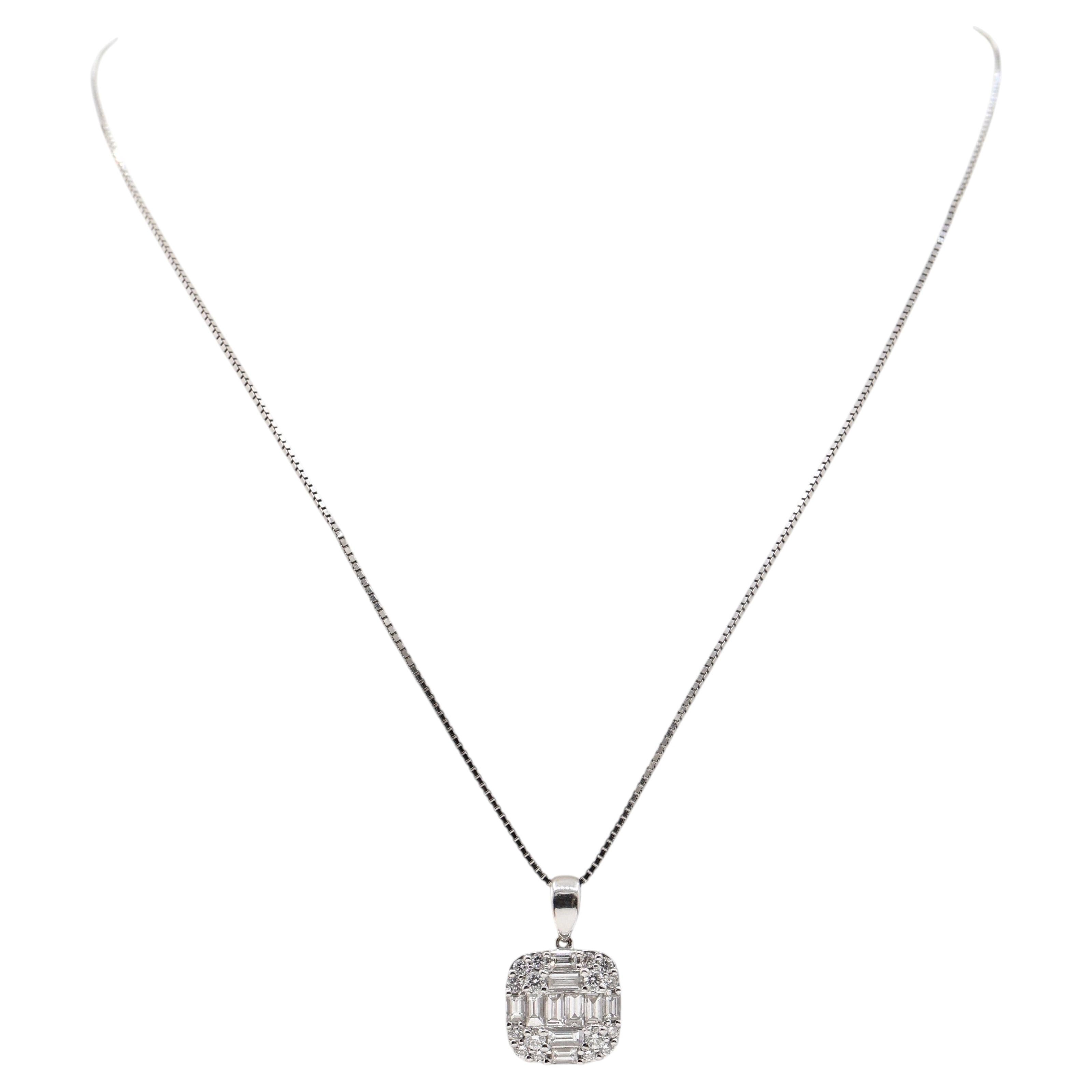 1.30 CT Diamond Pendant Baguette & Round Diamond Cluster Necklace 18K White Gold