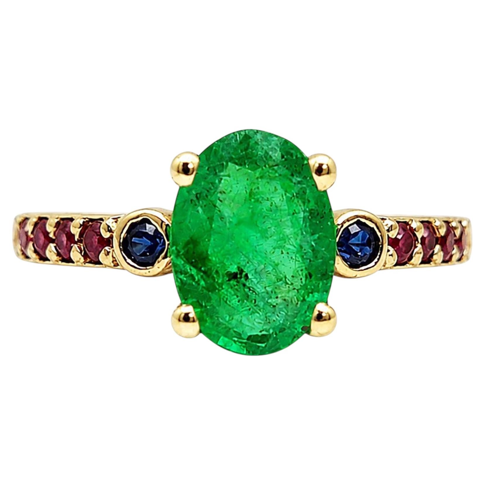 1.30 Ct Emerald Cocktail Ring with Sapphire Ruby Accents 14k Gold Emerald Ring