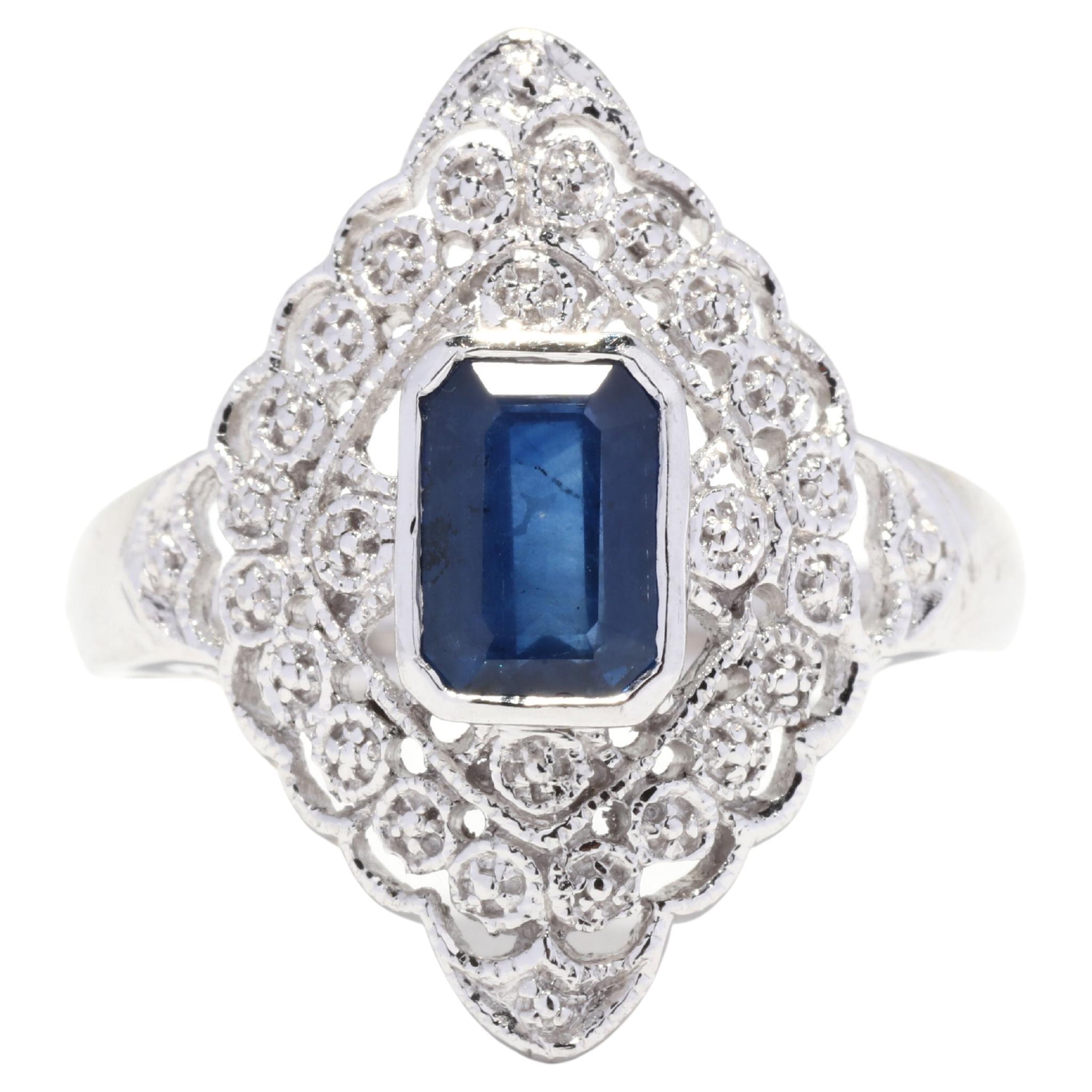 1.30 Ct Natural Blue Sapphire Navette Ring, Platinum, Ring, Emerald Cut For Sale