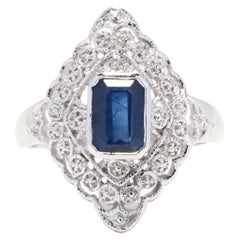 Vintage 1.30 Ct Natural Blue Sapphire Navette Ring, Platinum, Ring, Emerald Cut