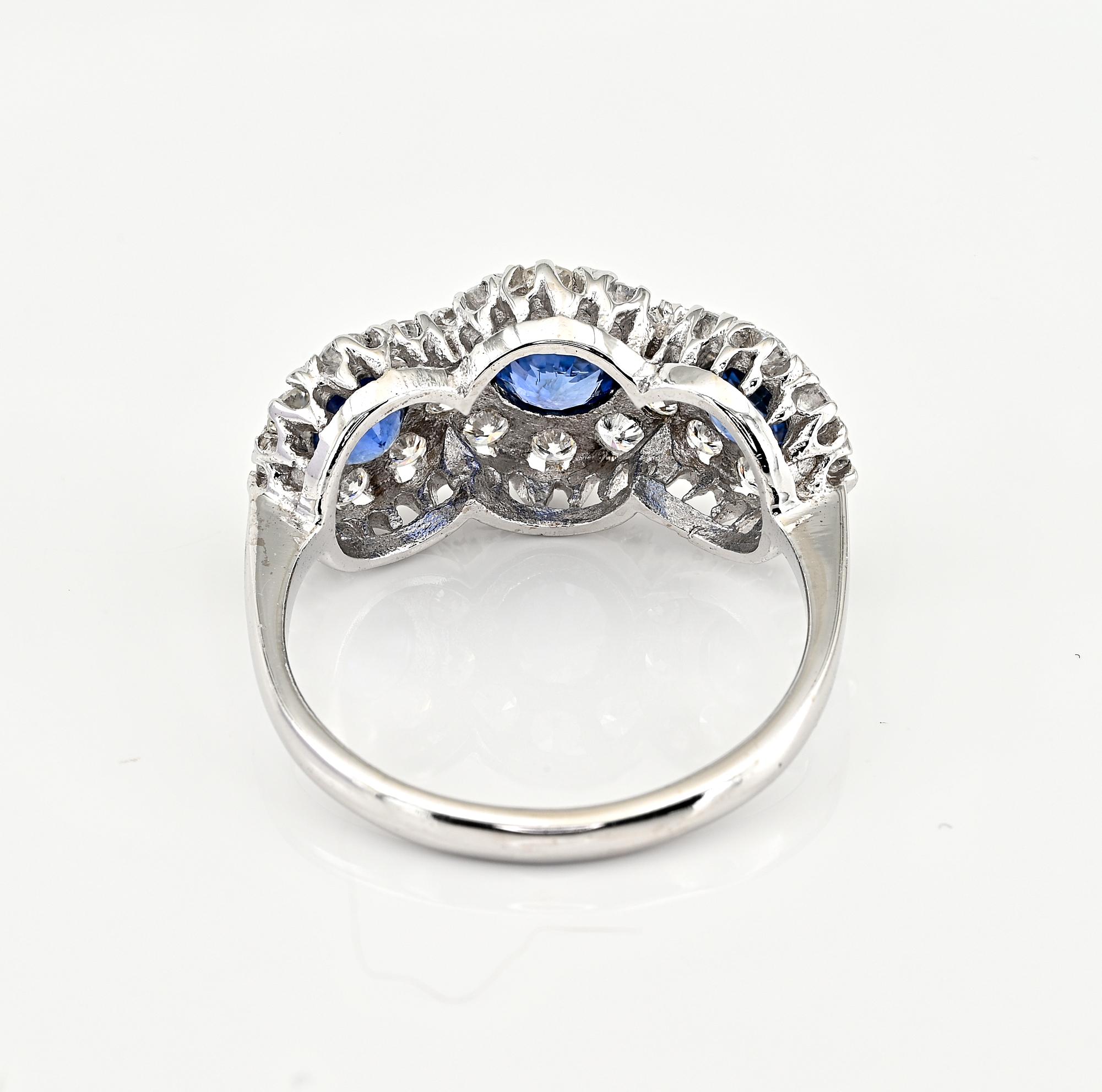 Round Cut 1.30 Ct Sapphire .90 Ct Diamond 18 KT Trilogy Ring For Sale