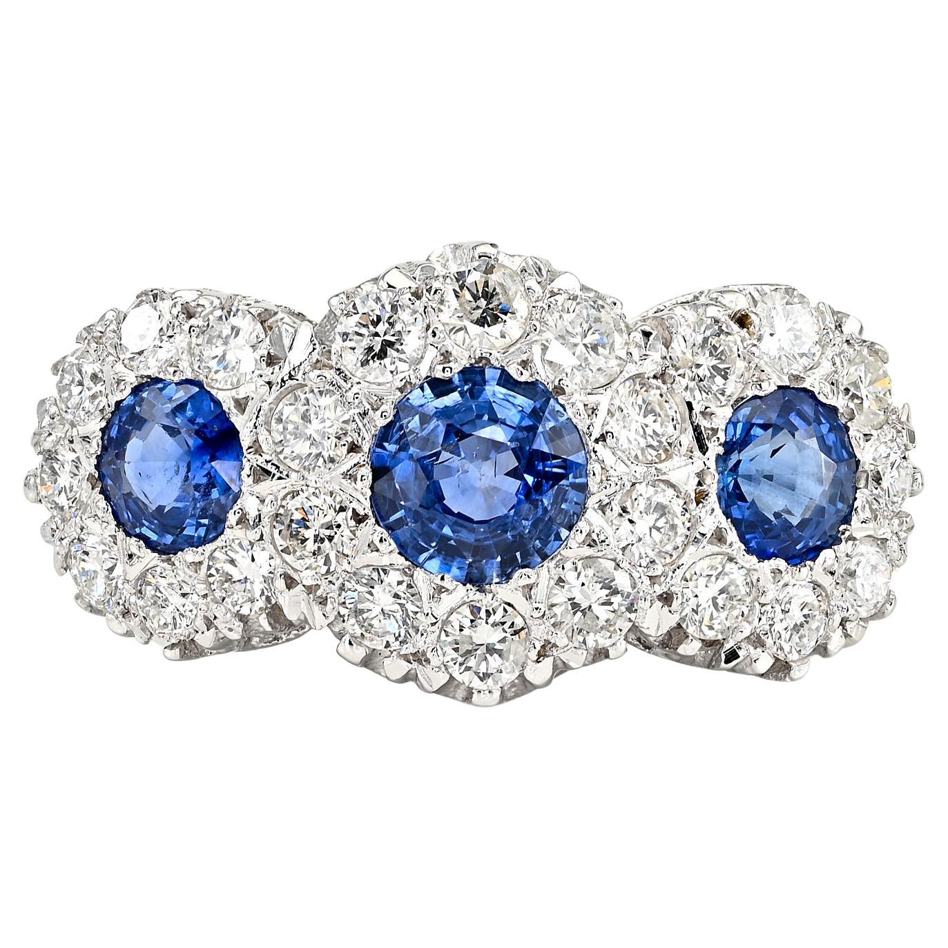 1.30 Ct Sapphire .90 Ct Diamond 18 KT Trilogy Ring For Sale