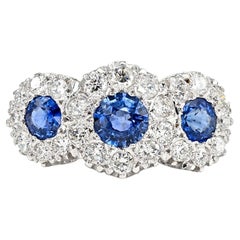 Vintage 1.30 Ct Sapphire .90 Ct Diamond 18 KT Trilogy Ring
