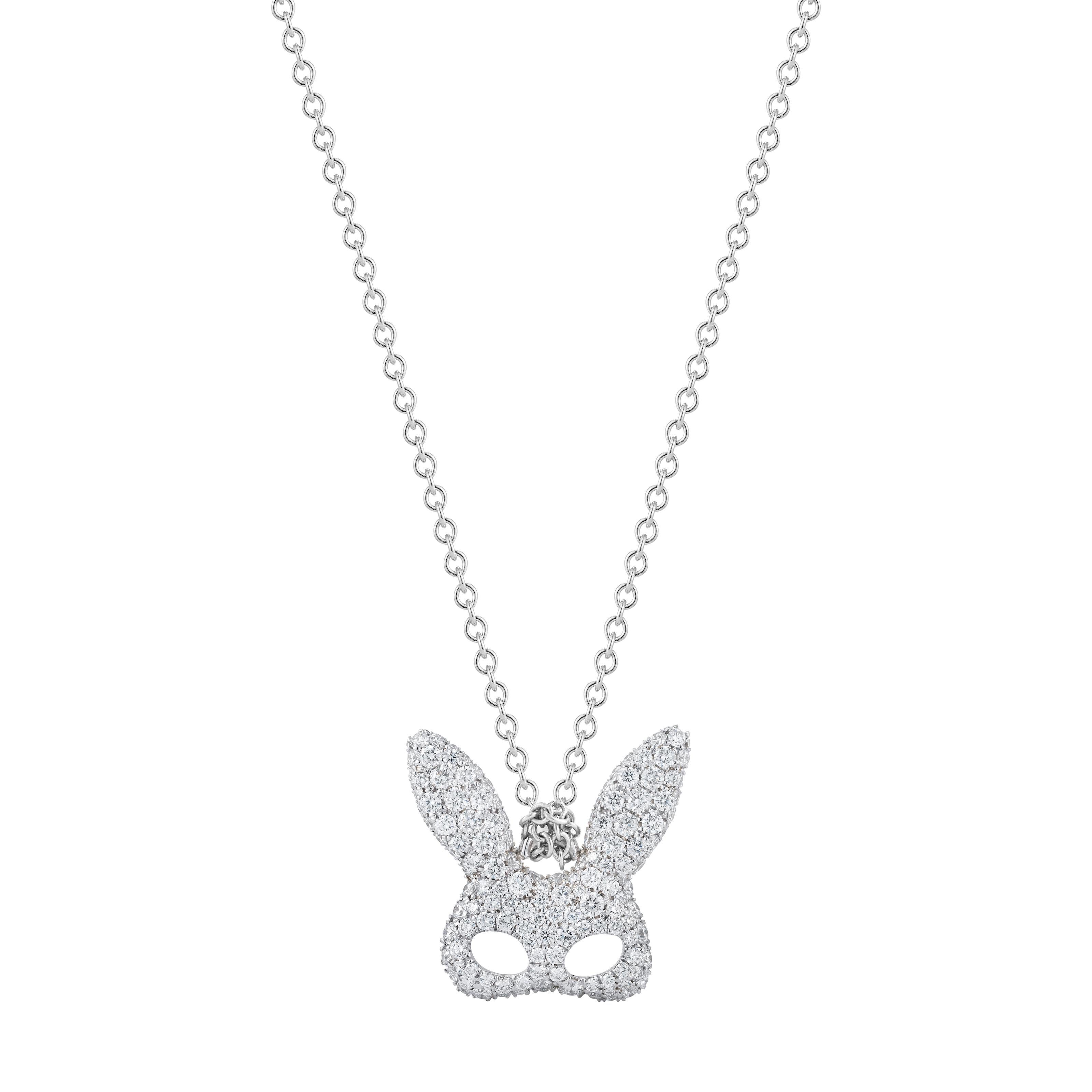 1.30 Carat White Diamond 18 Karat White Gold Rabbit Mask Pendant Necklace For Sale