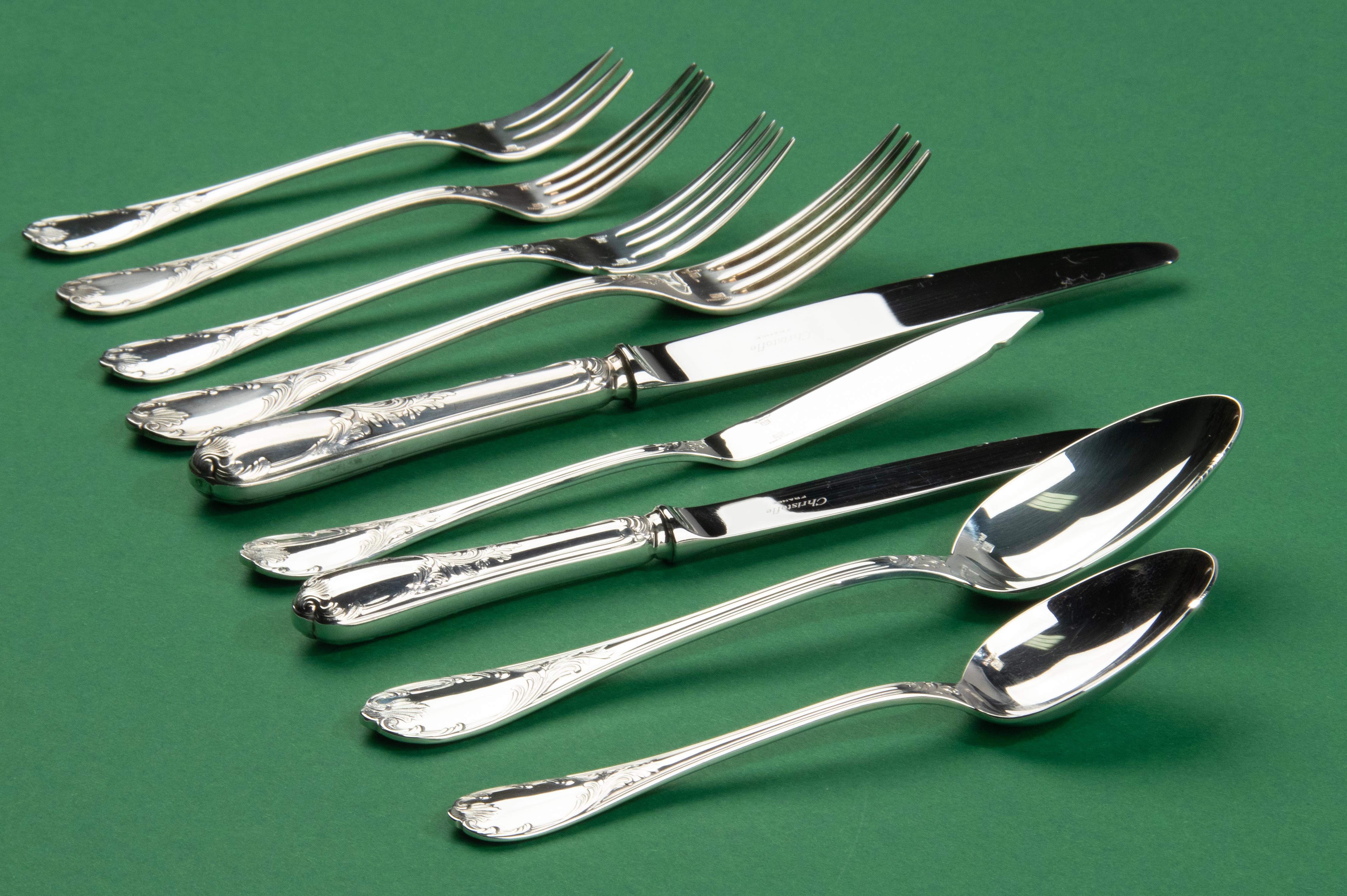 130-Piece Set Silver-Plated Flatware Made by Christofle Model Marly 3