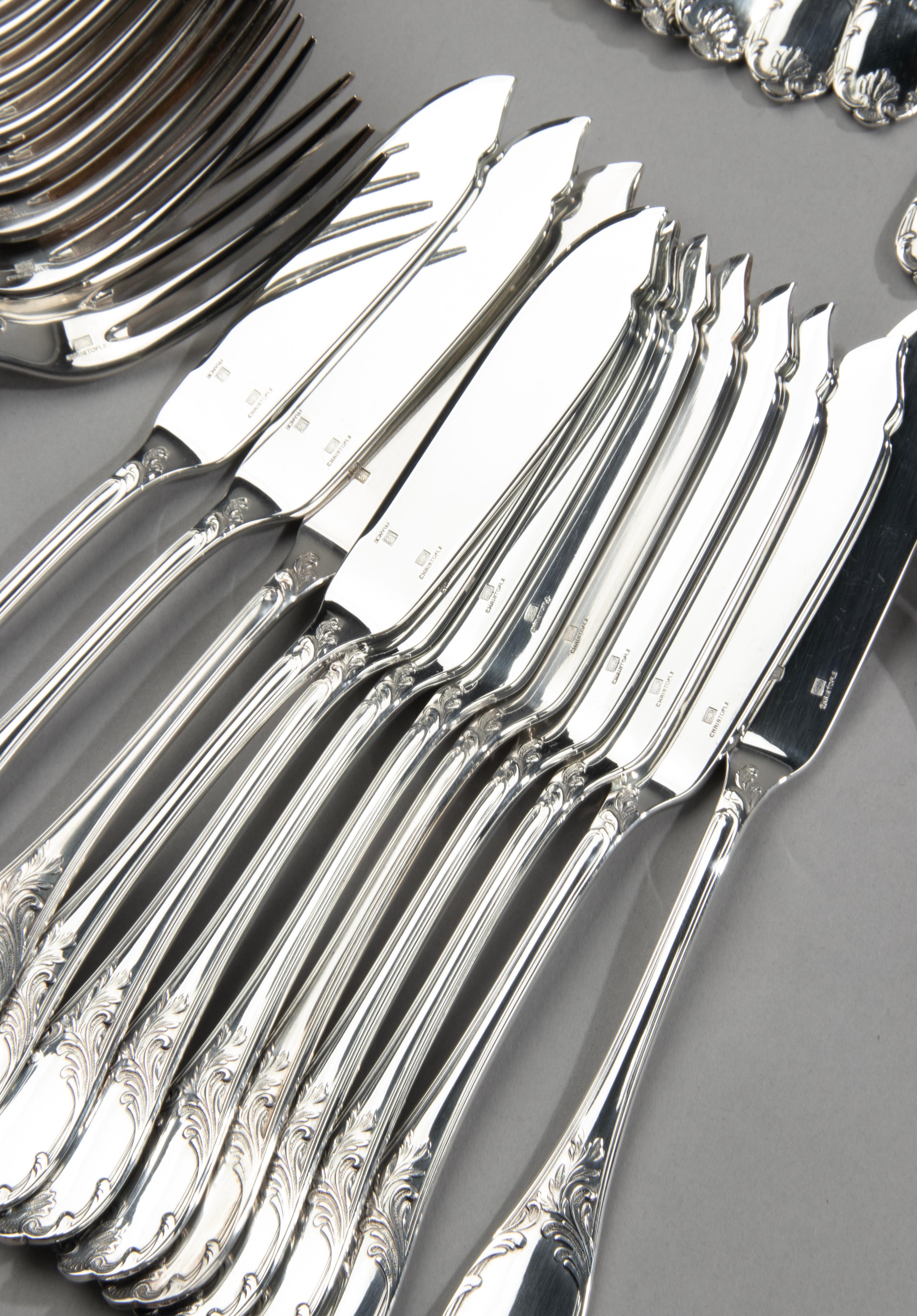 130-Piece Set Silver-Plated Flatware Made by Christofle Model Marly 10