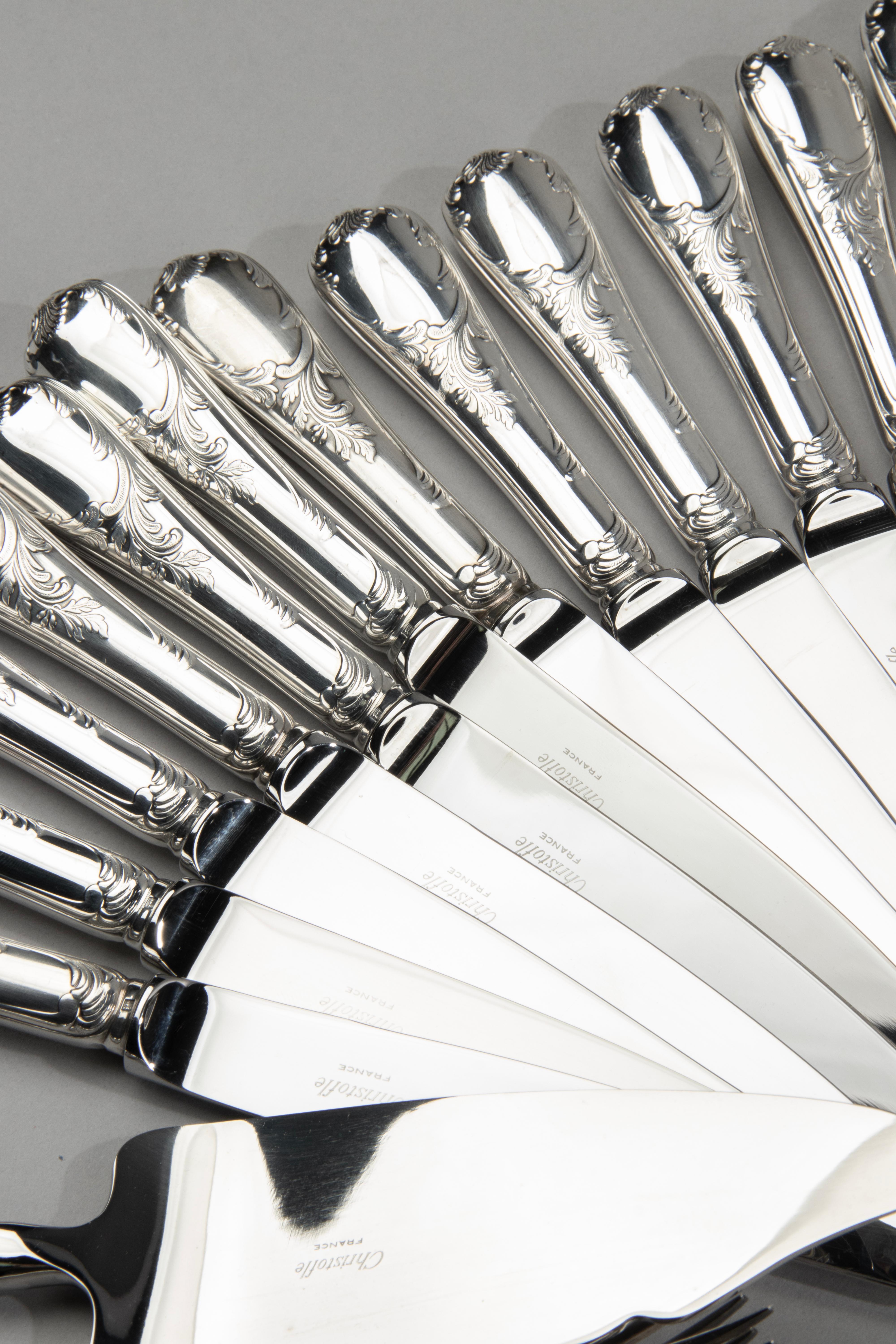 130-Piece Set Silver-Plated Flatware Made by Christofle Model Marly 11