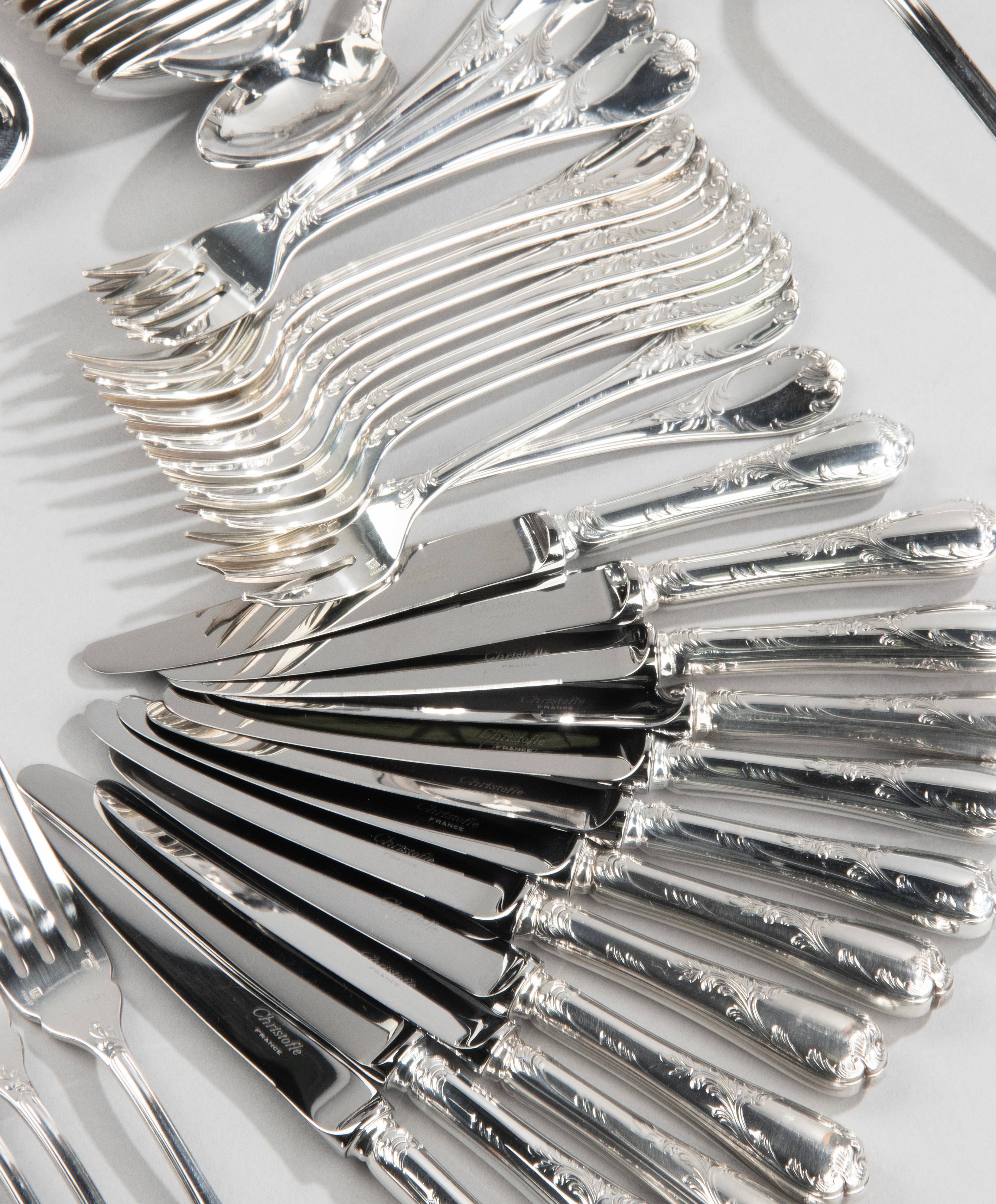 130-Piece Set Silver-Plated Flatware Made by Christofle Model Marly 12